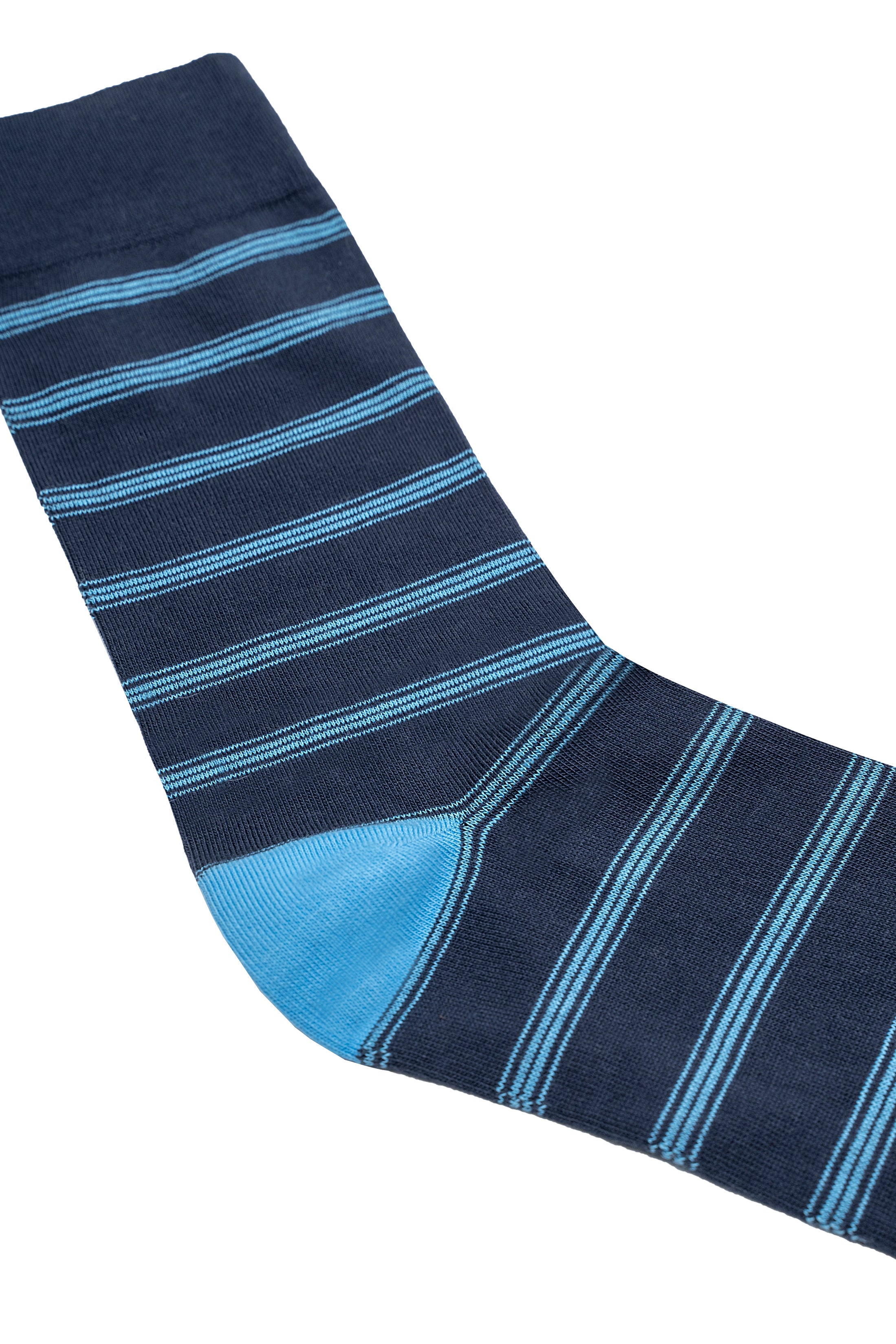 Blue toe and heel panel on navy wool socks with horizontal blue stripes