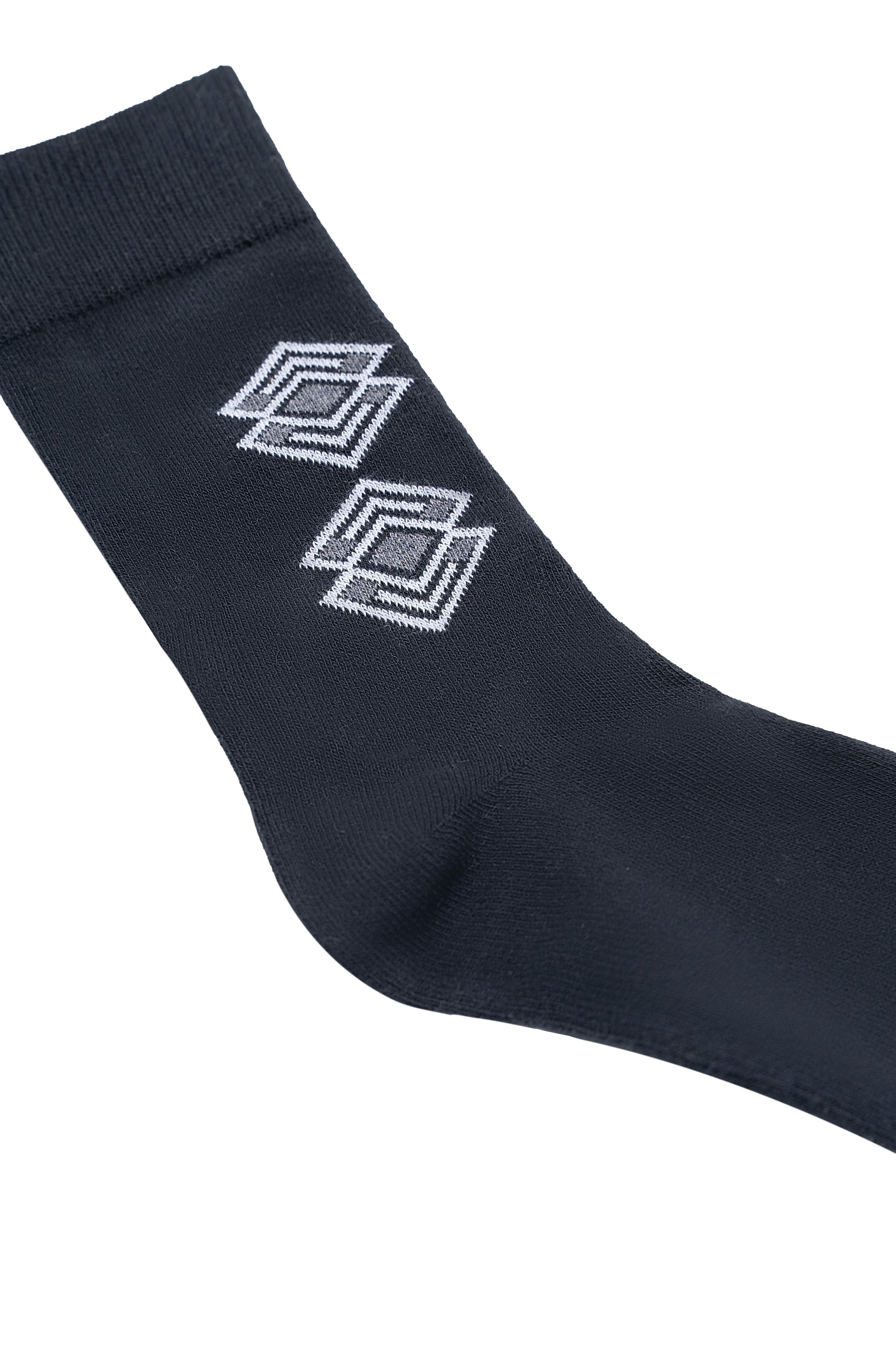 Dark navy wool socks close-up with geometric diamond knit logo