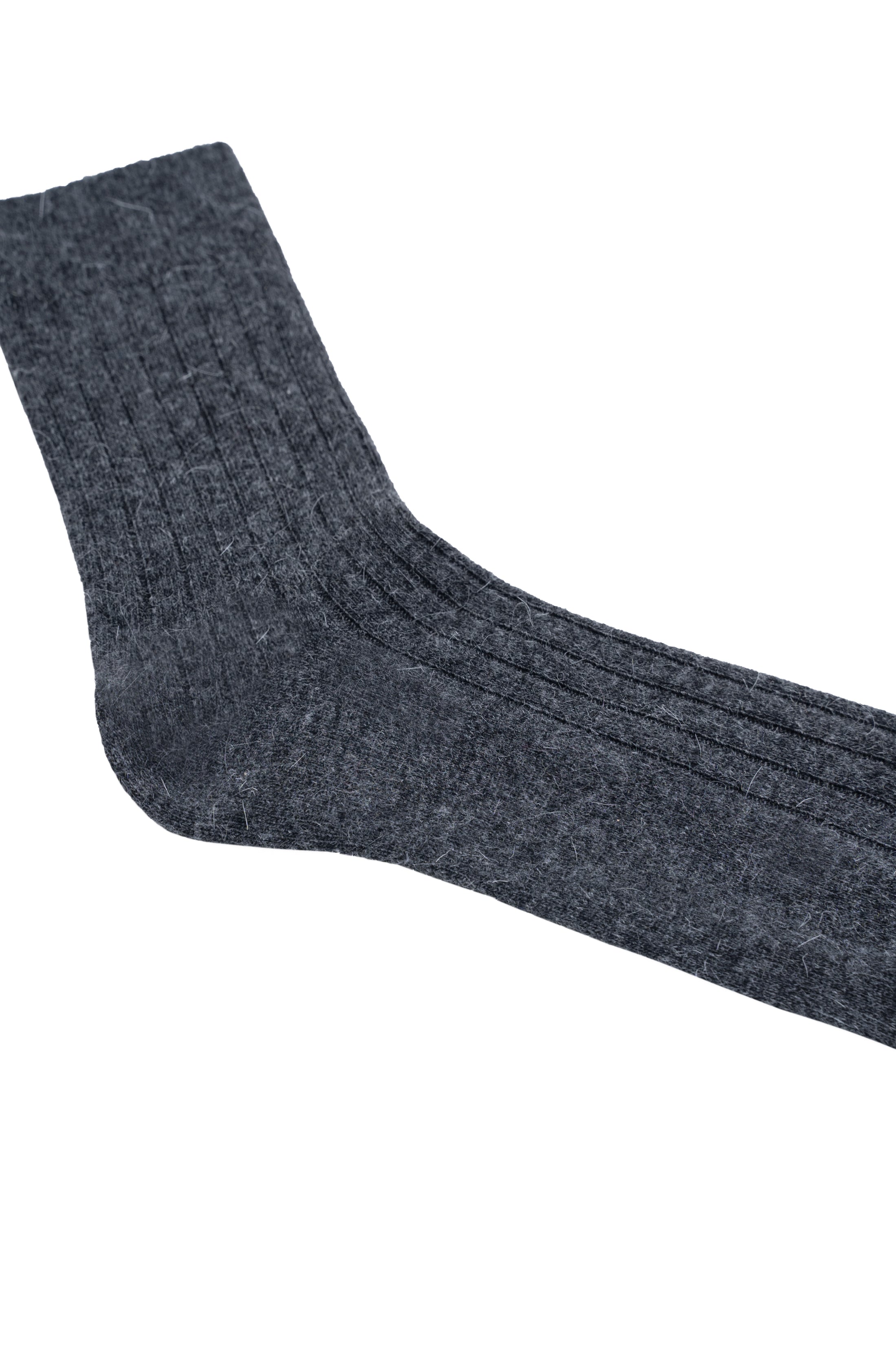 Dark gray wool sock with ribbed knit texture and rounded toe