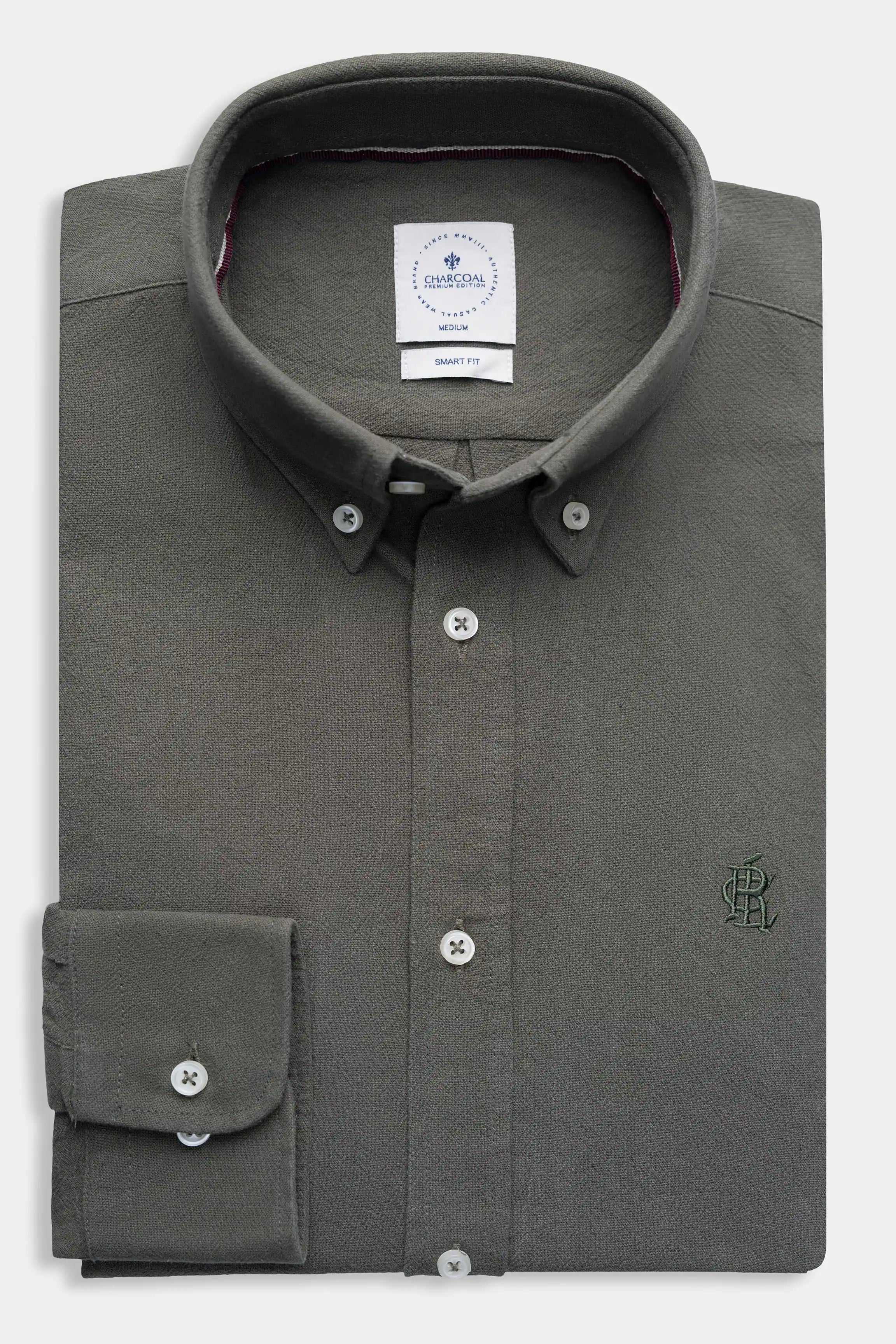 Dark gray button-up dress shirt with spread collar and chest pocket