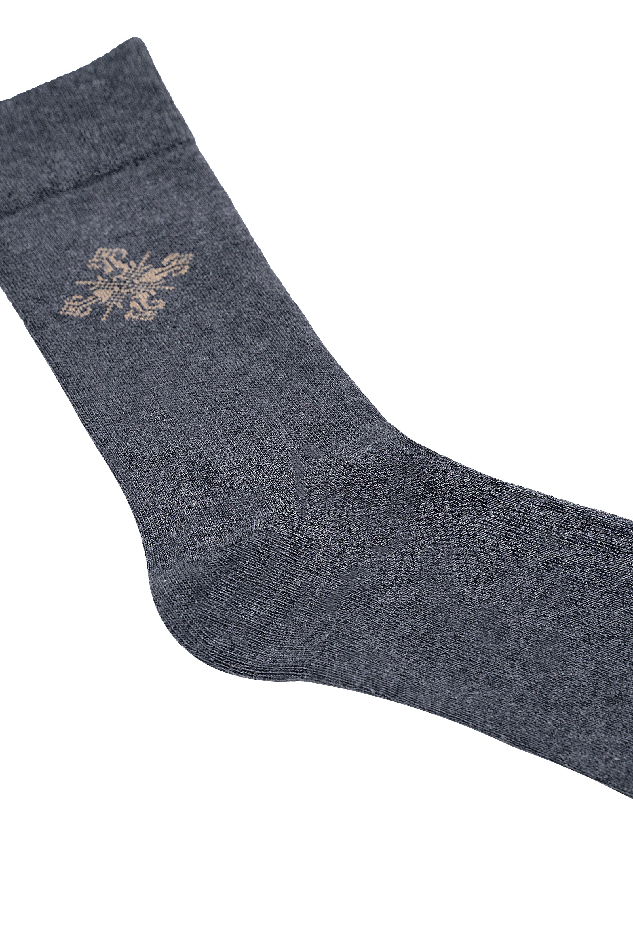 Wool sock side with gold snowflake emblem on dark blue-gray knit