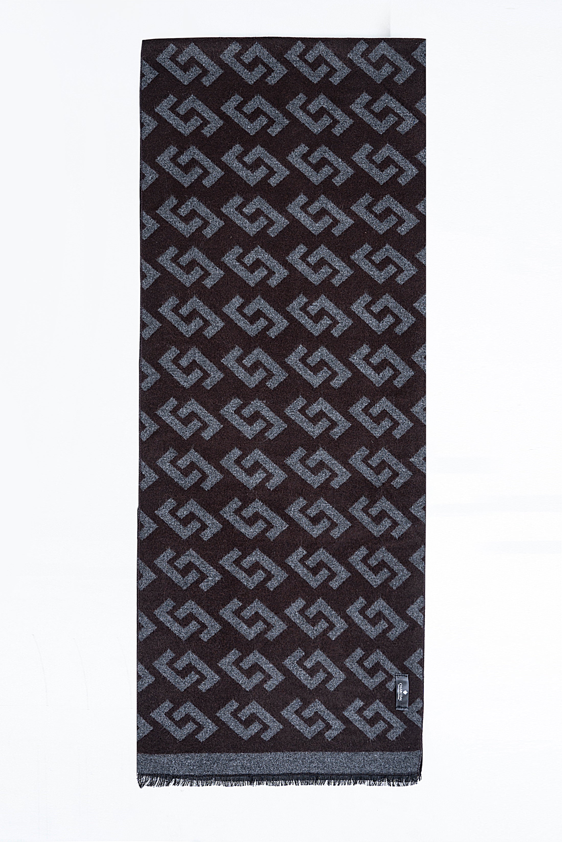 Charcoal scarf with repeating Greek-key pattern and fringed ends