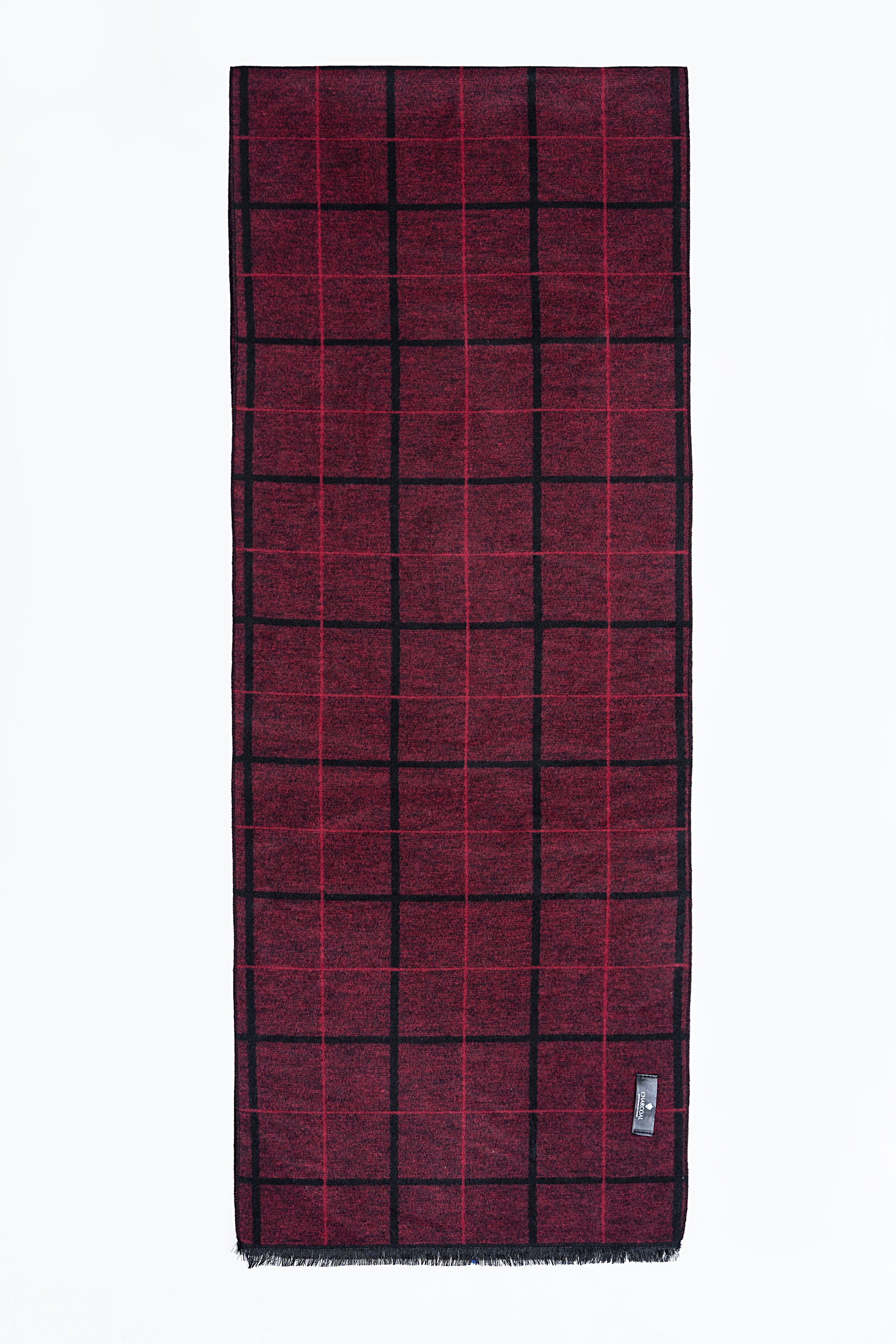 Burgundy scarf with black grid pattern and short fringe ends.