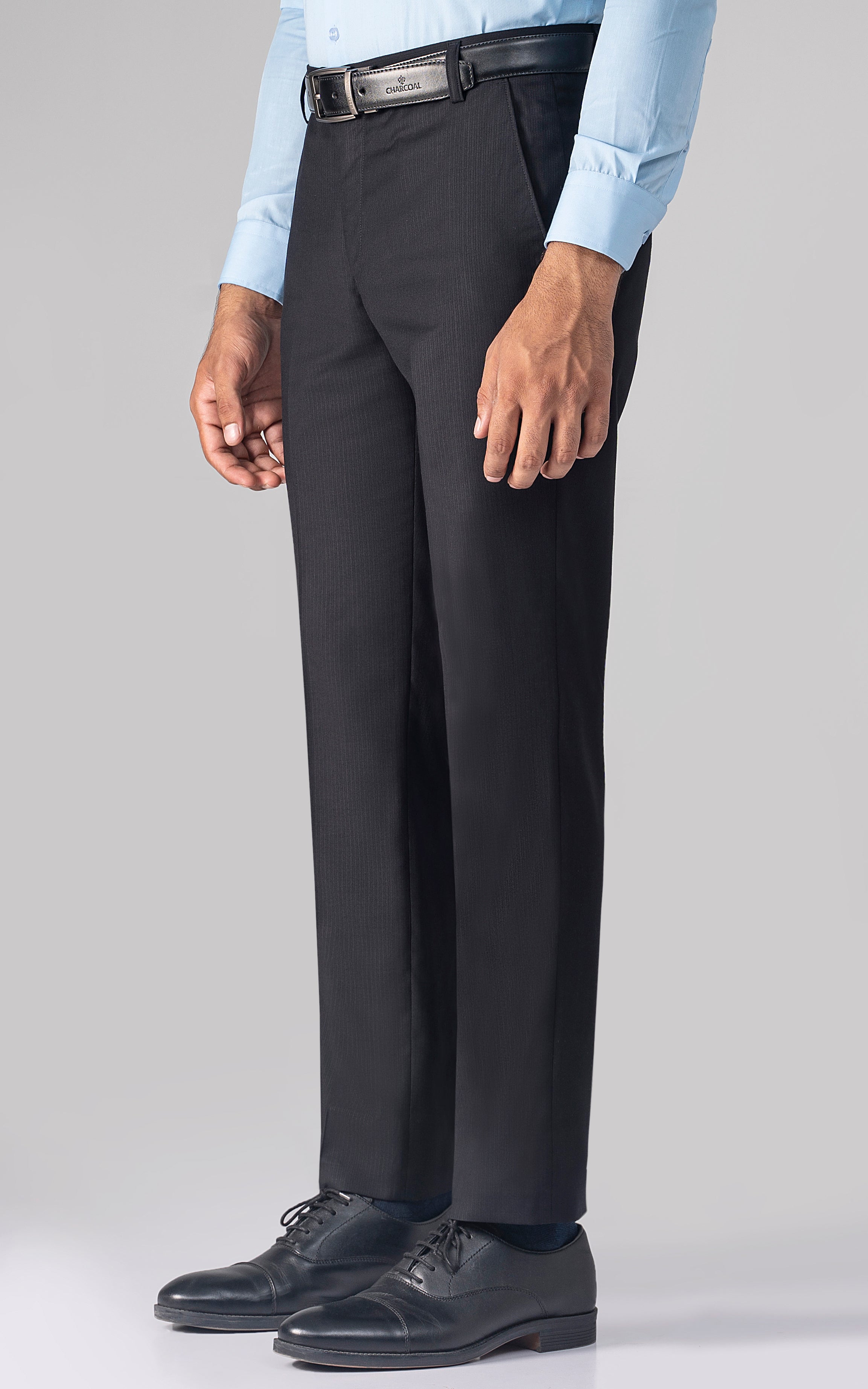 Black dress pants with belt loops, button closure, and straight-leg fit