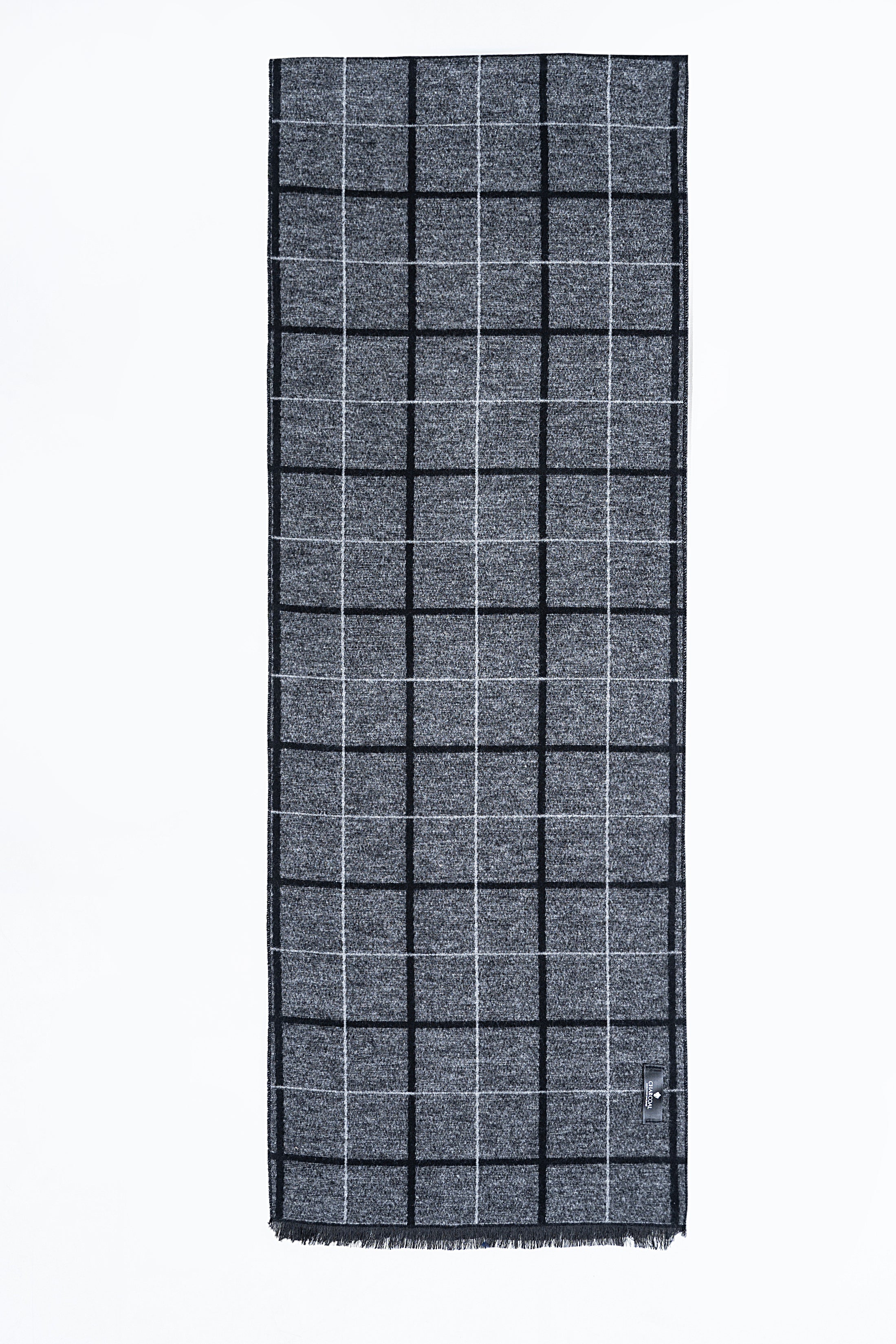 Dark gray grid plaid scarf, fringed ends, rectangular wrap with all-over check pattern