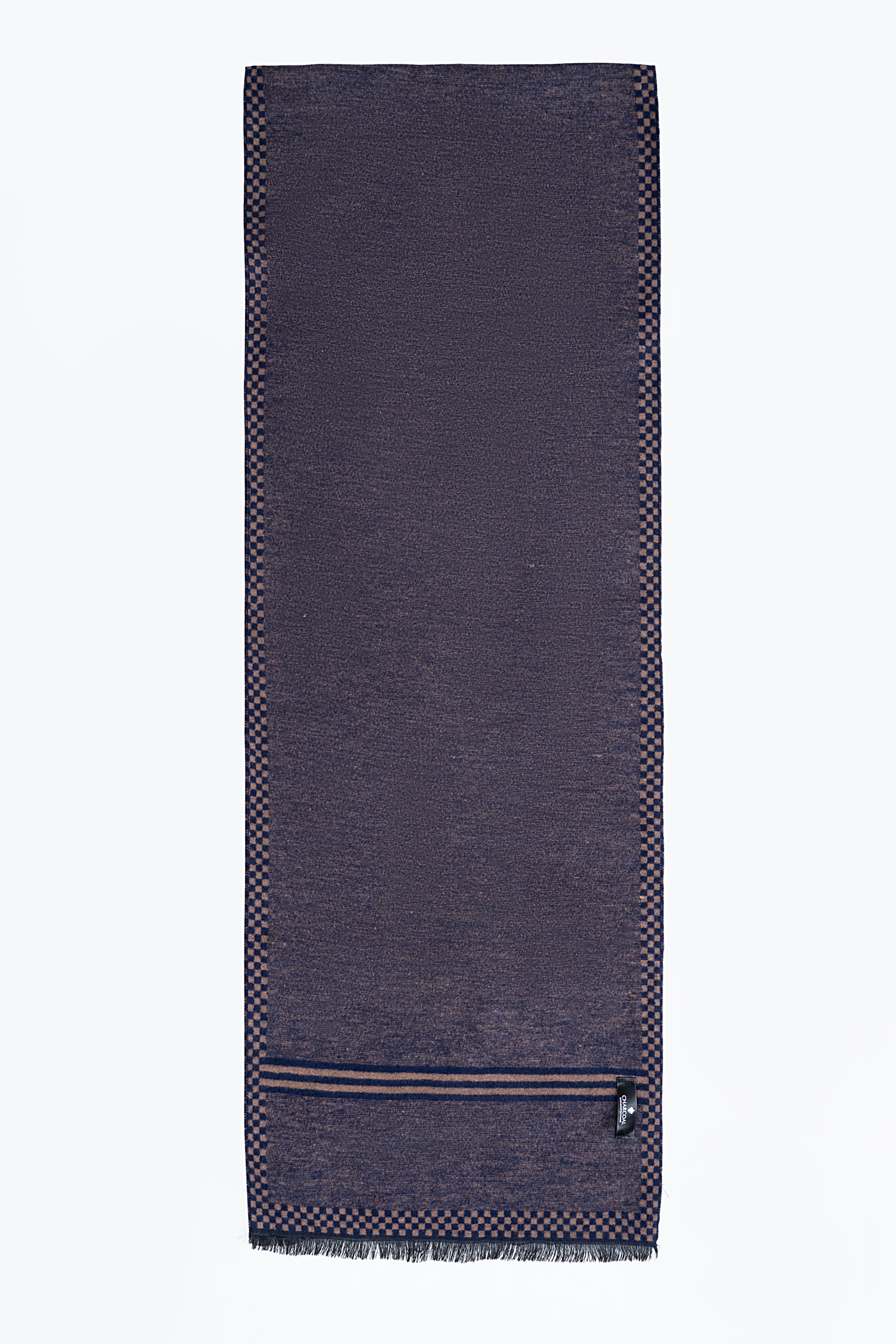 Navy-blue scarf with woven border, plaid stripe, and fringe ends