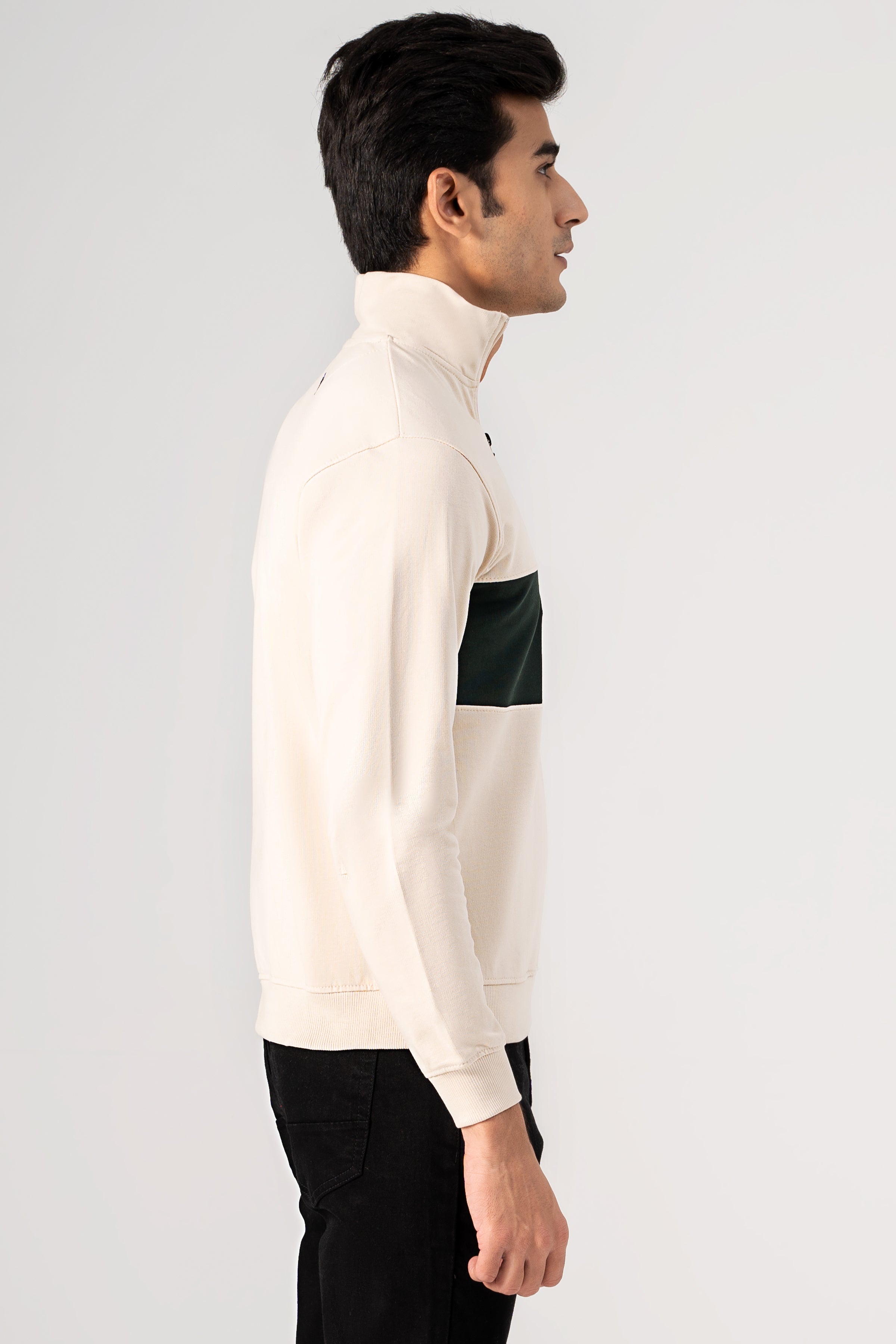 Beige mock neck quarter-zip sweatshirt with green chest panel, side view