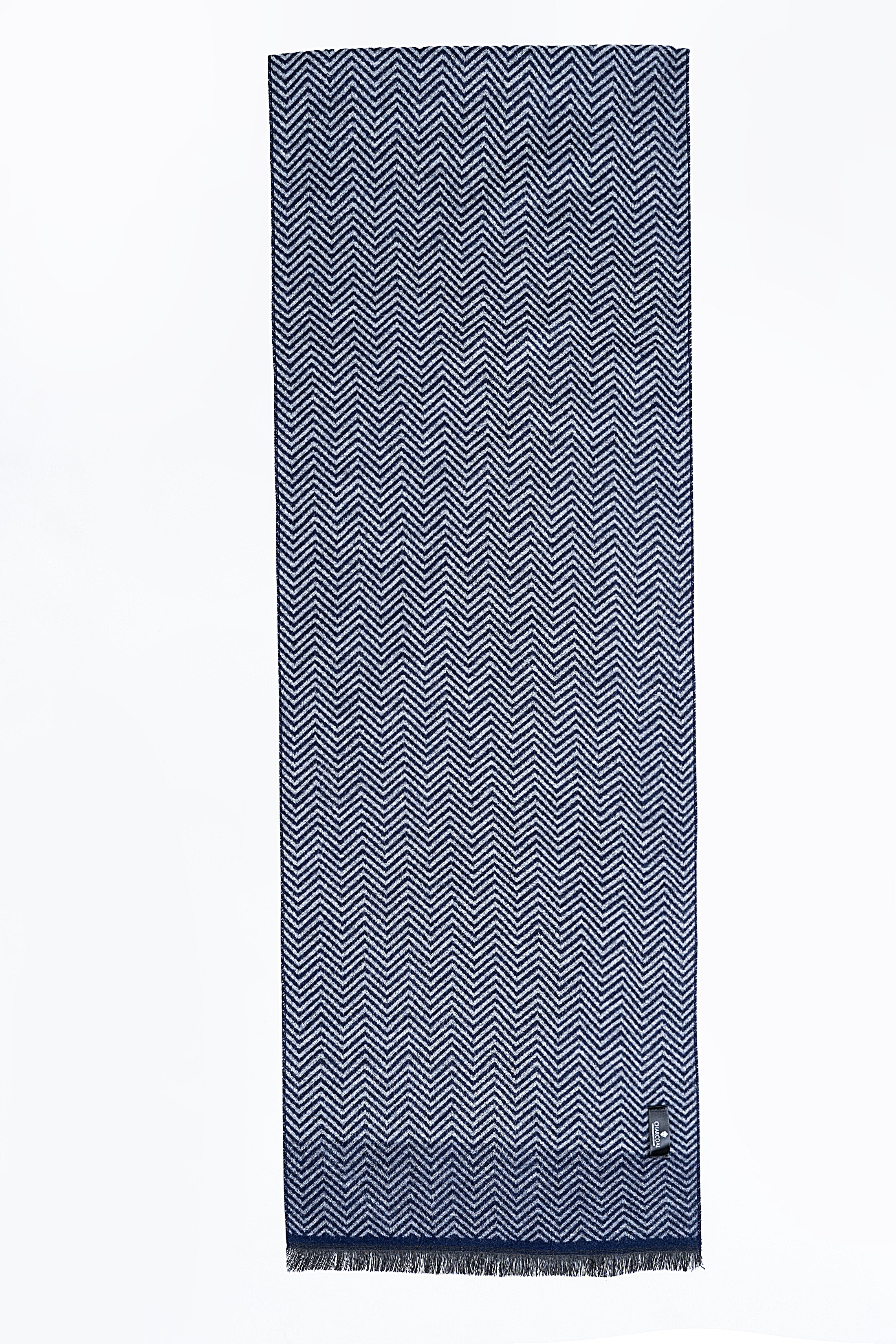 Navy chevron-pattern scarf with fringed ends