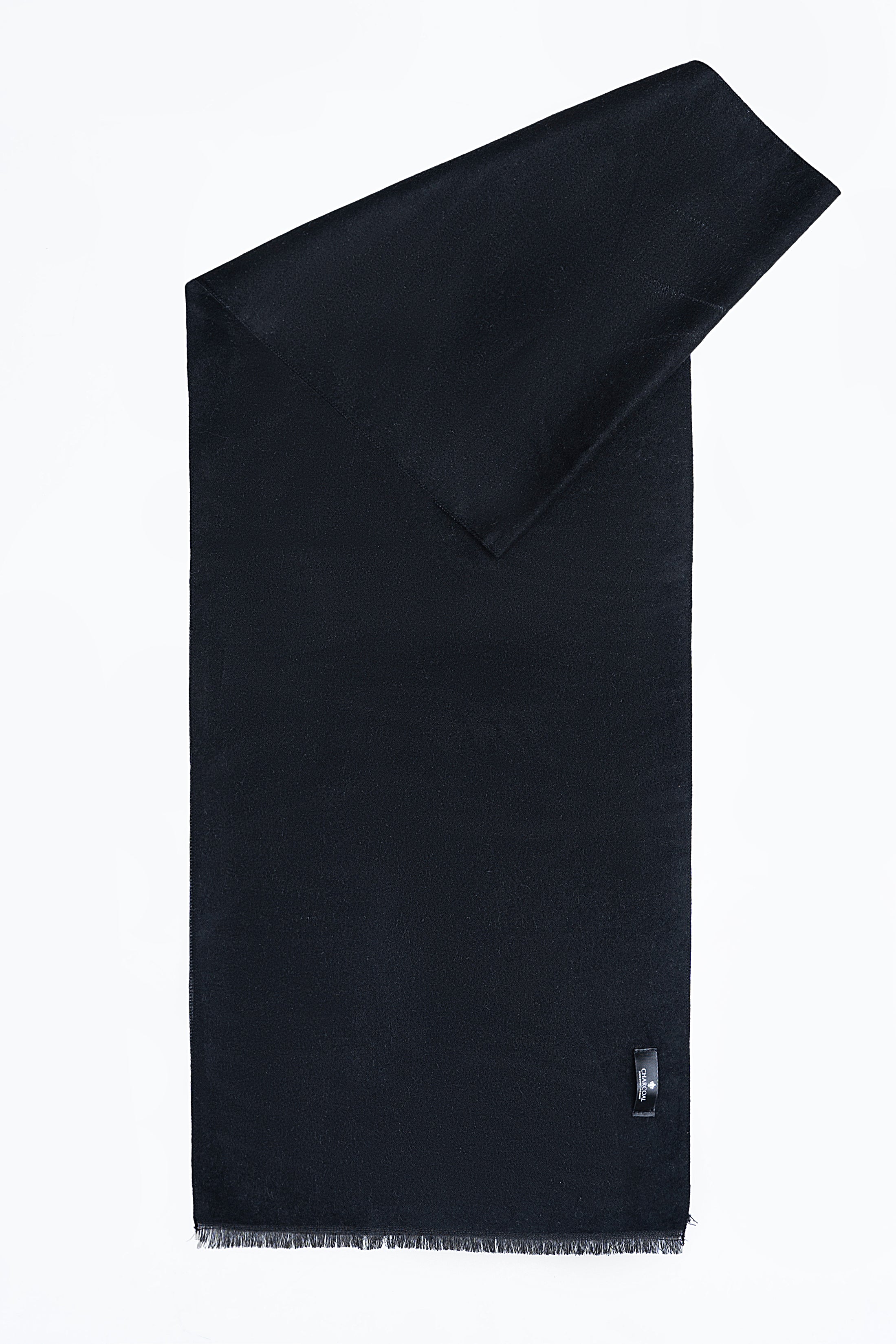Dark scarf with fringed edge and metal clasp detail