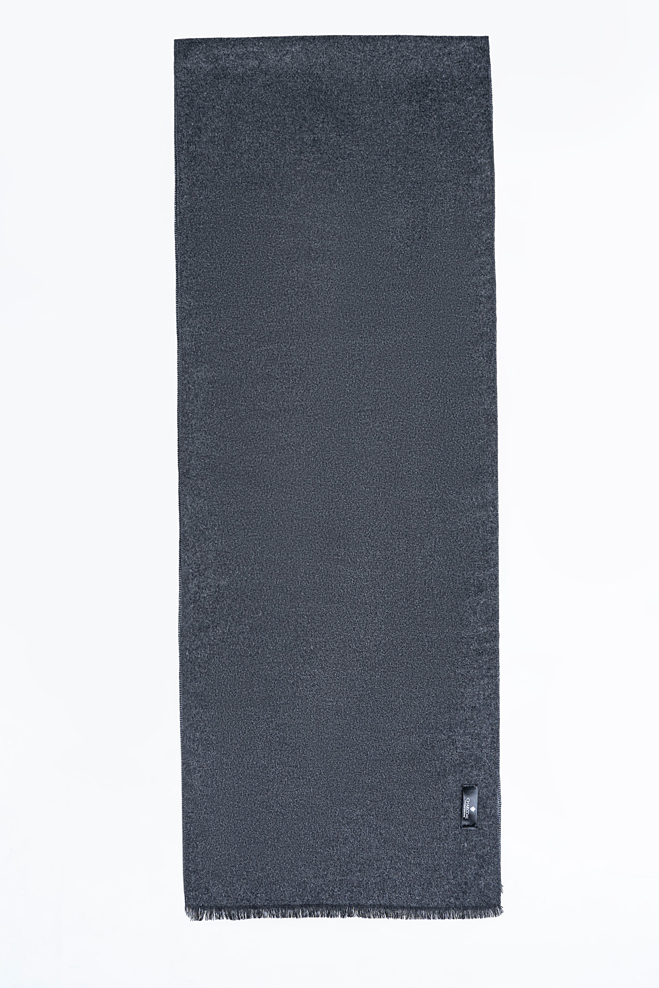 Dark gray scarf with soft texture and short fringed edge, small brand label