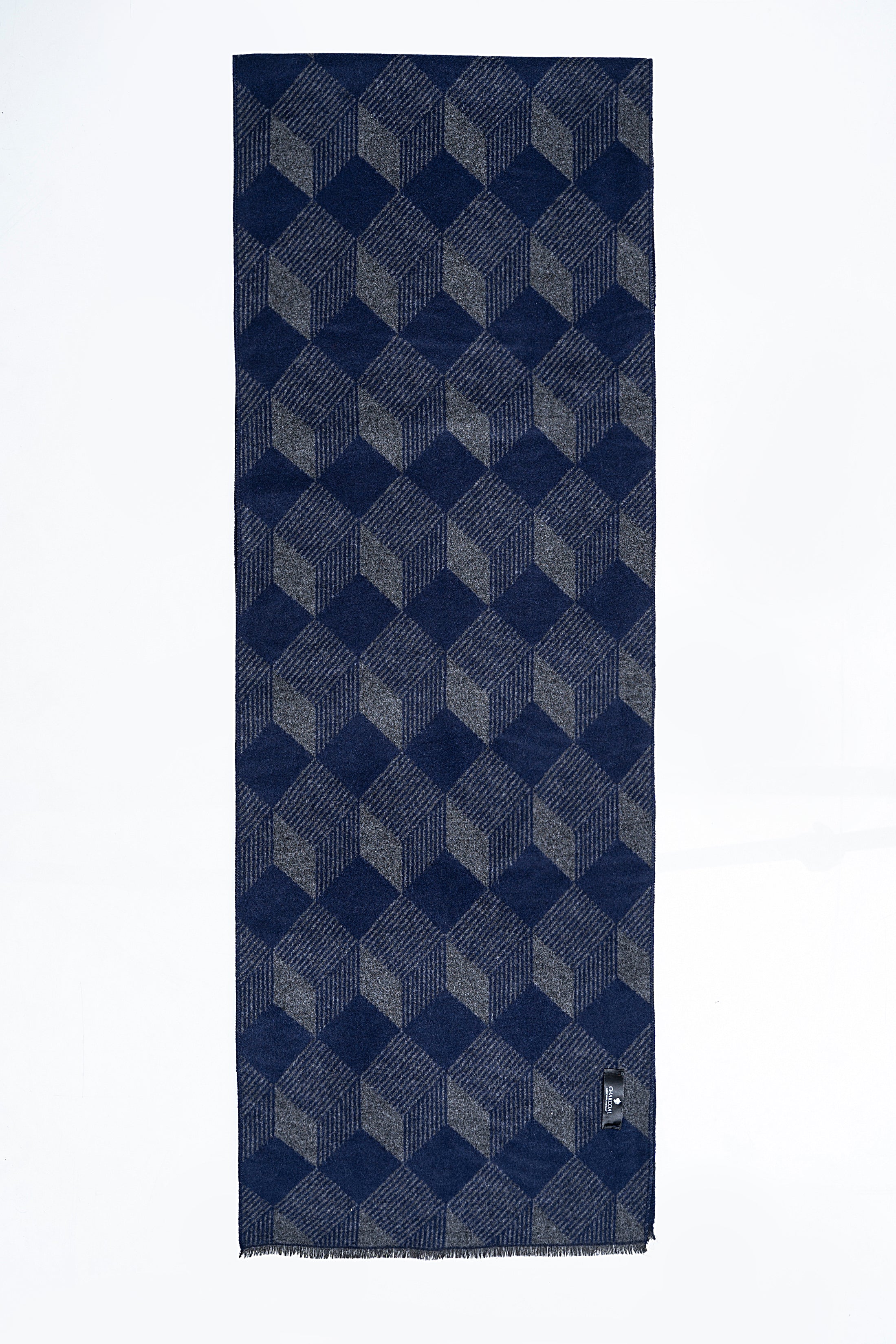 Blue and gray geometric patterned scarf, rectangular with fringeless hem