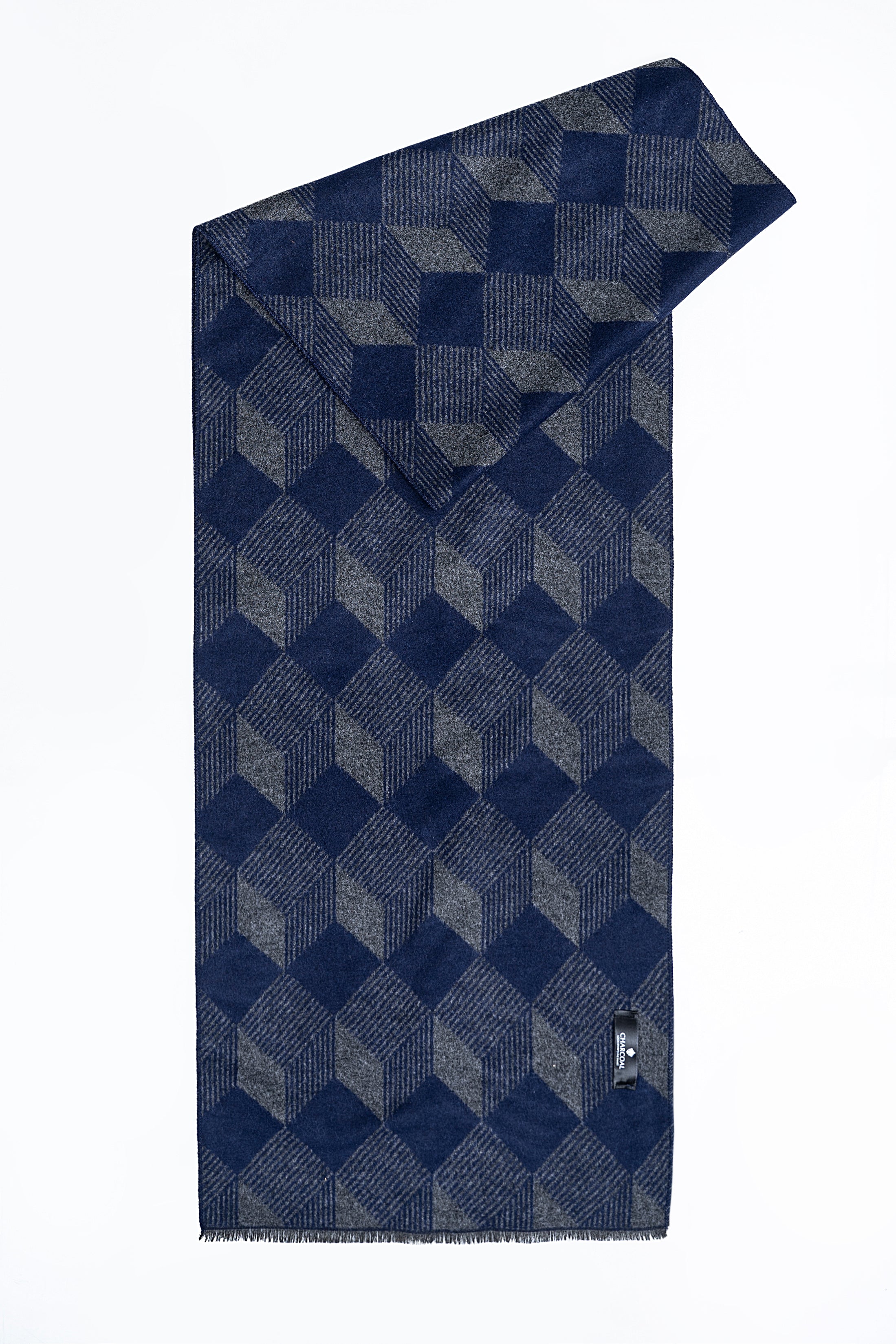 Navy-blue geometric check scarf, draped triangular fold on rectangular fabric