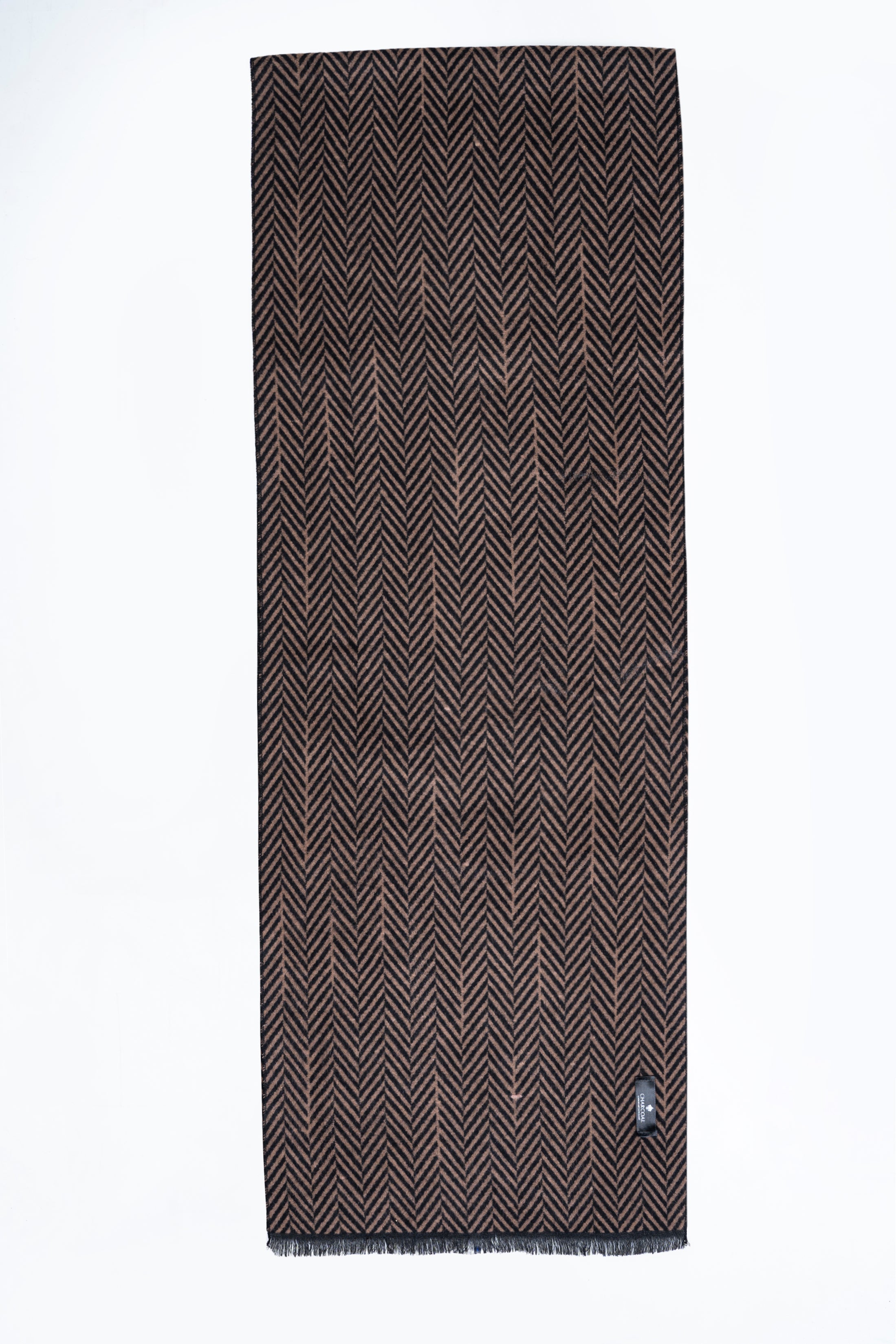 Dark brown scarf with black zigzag chevron knit pattern and fringed ends