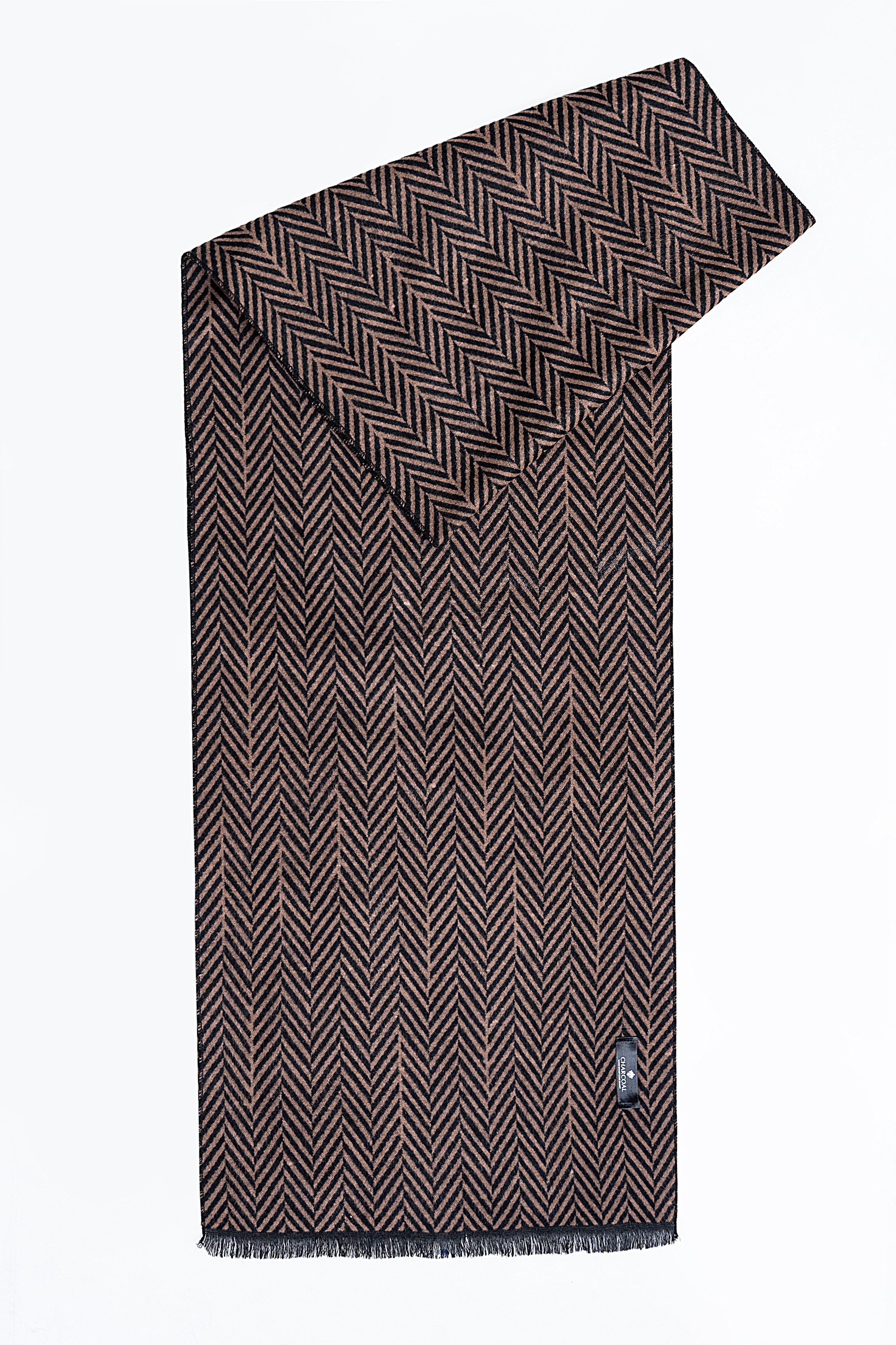 Dark brown scarf with black chevron zigzag knit, fringed border and stitched label