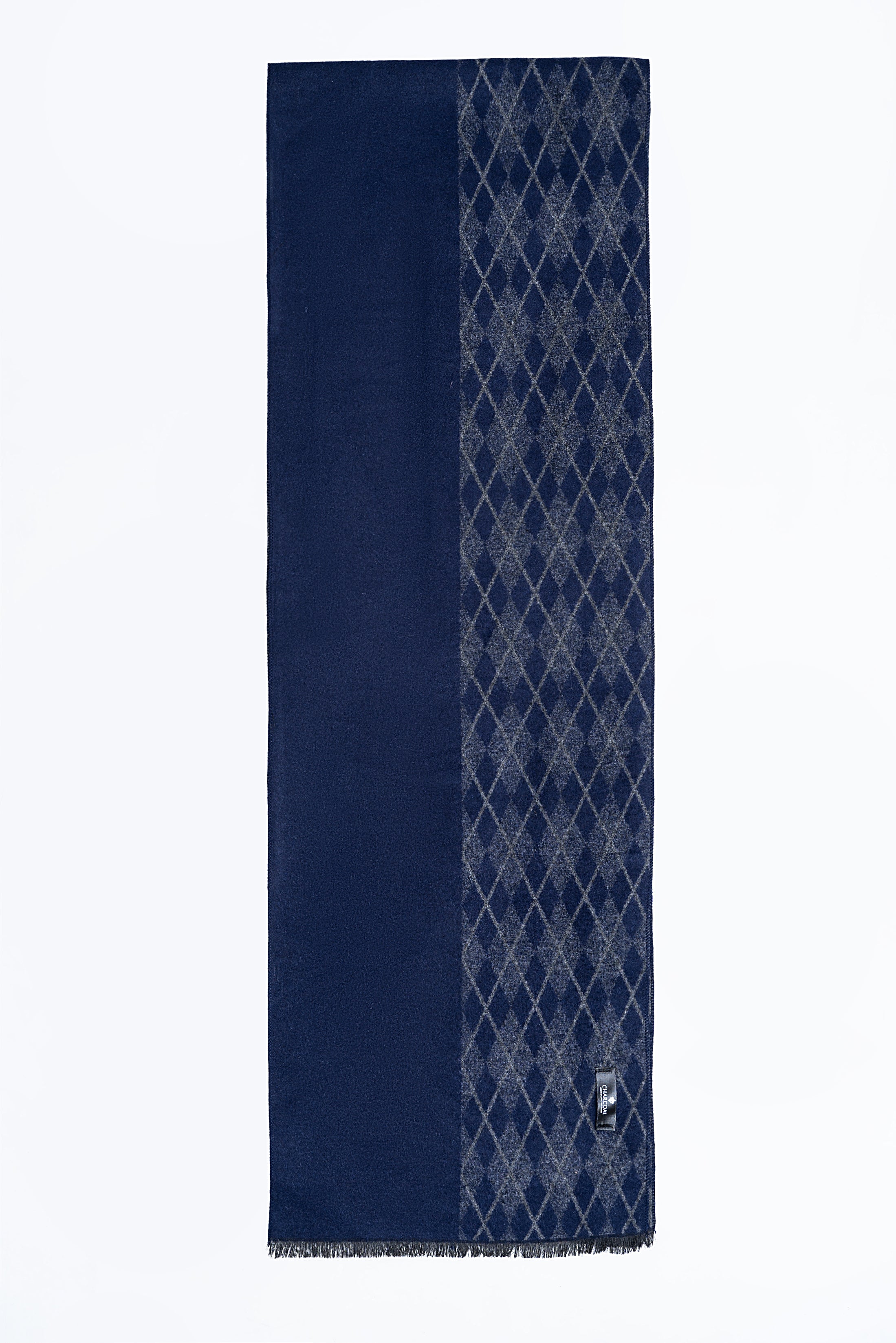 Navy blue scarf with patterned diamond panel and dark fringe border