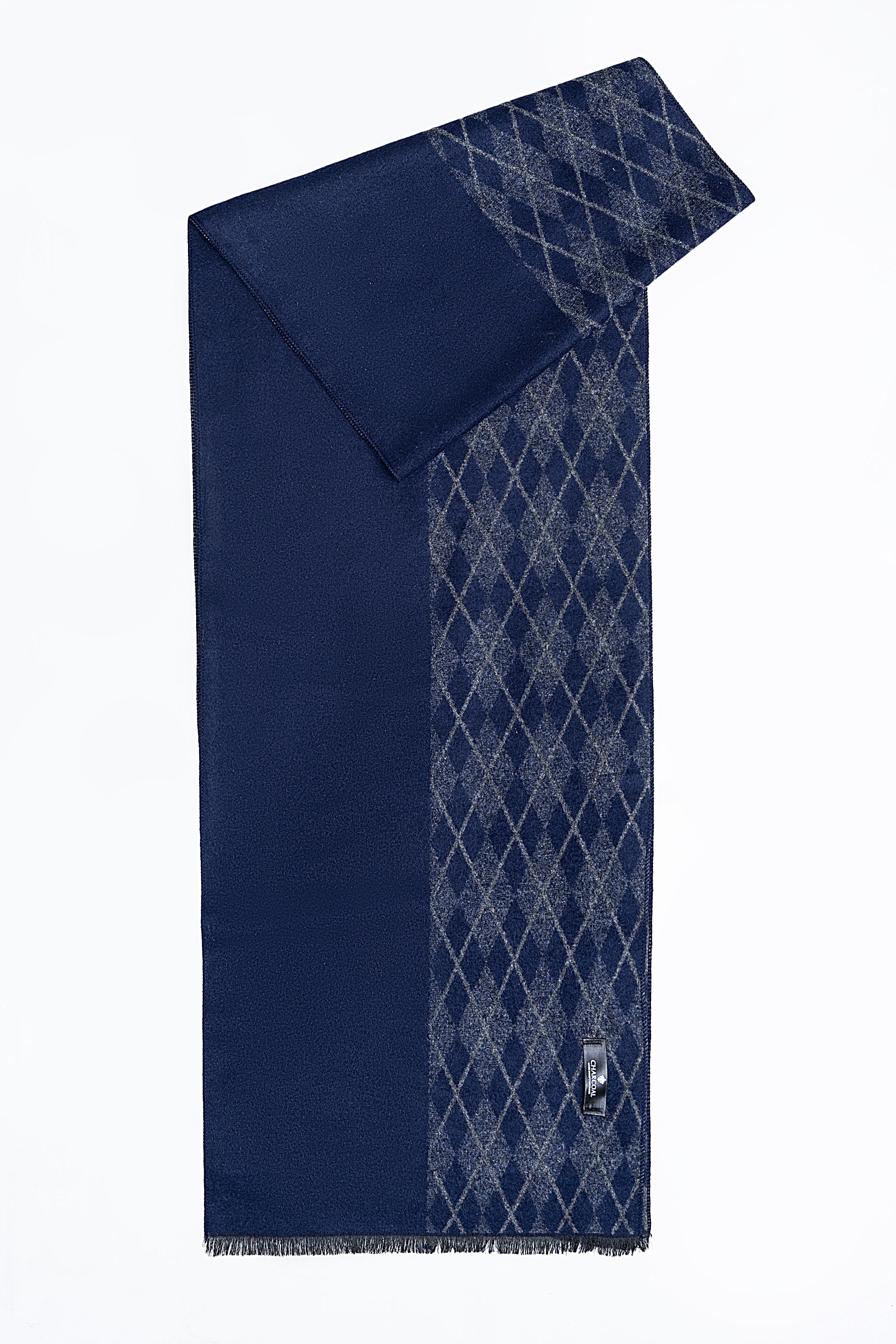 Blue scarf featuring diagonal diamond stripe panel and end branding label