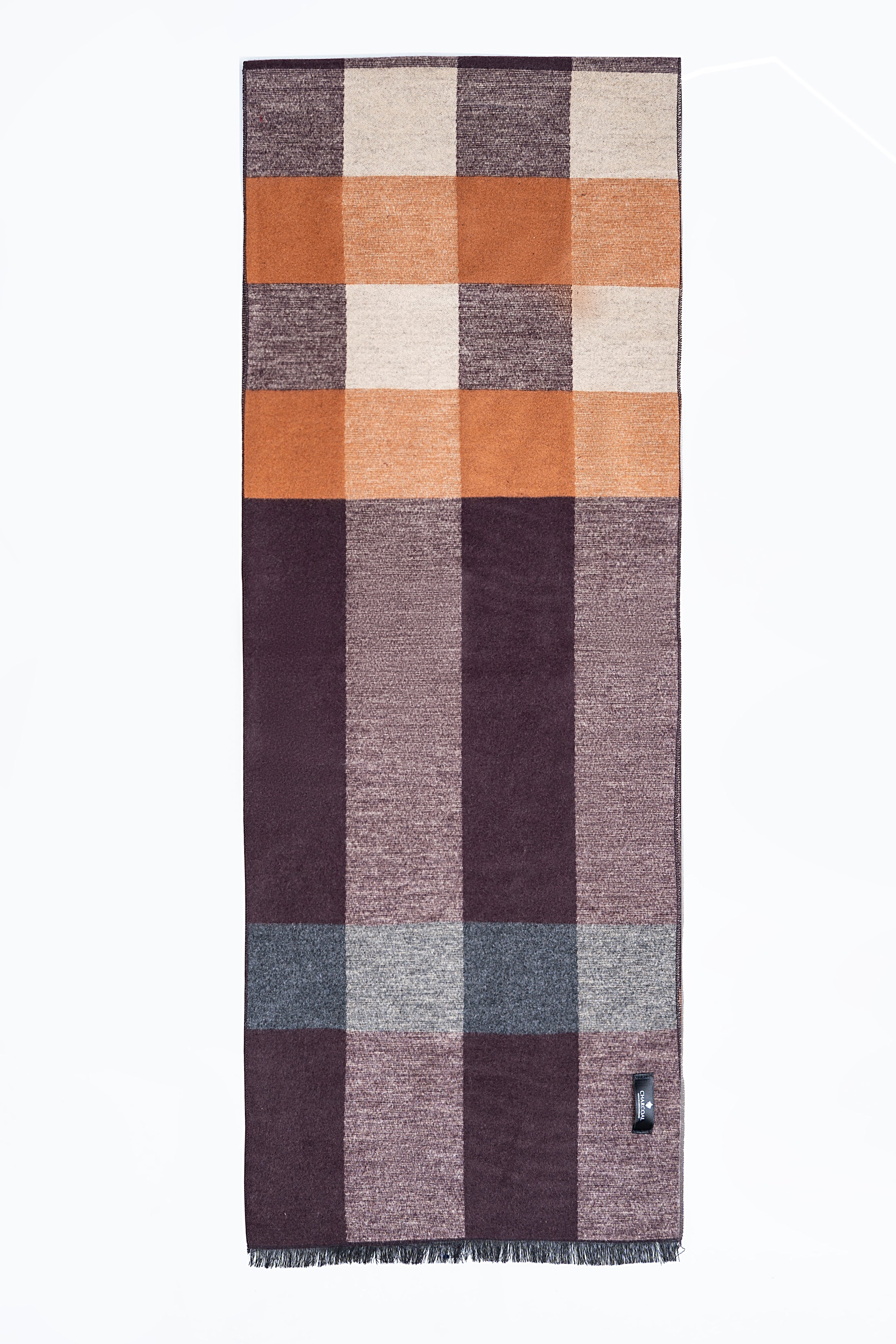 Patchwork scarf with maroon, gray, tan check blocks and fringed edge