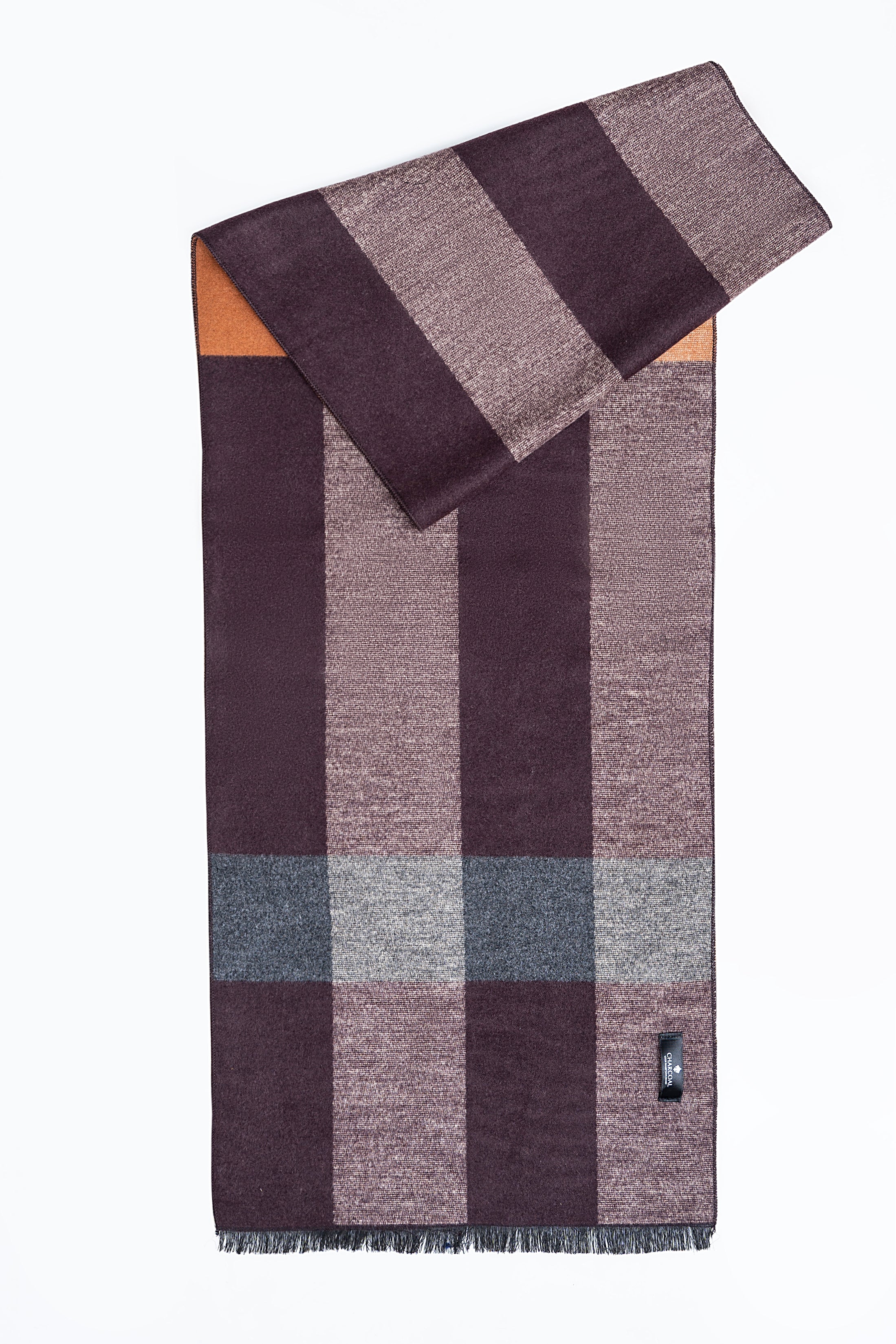 Patchwork scarf in maroon, gray, tan with square pattern and fringe