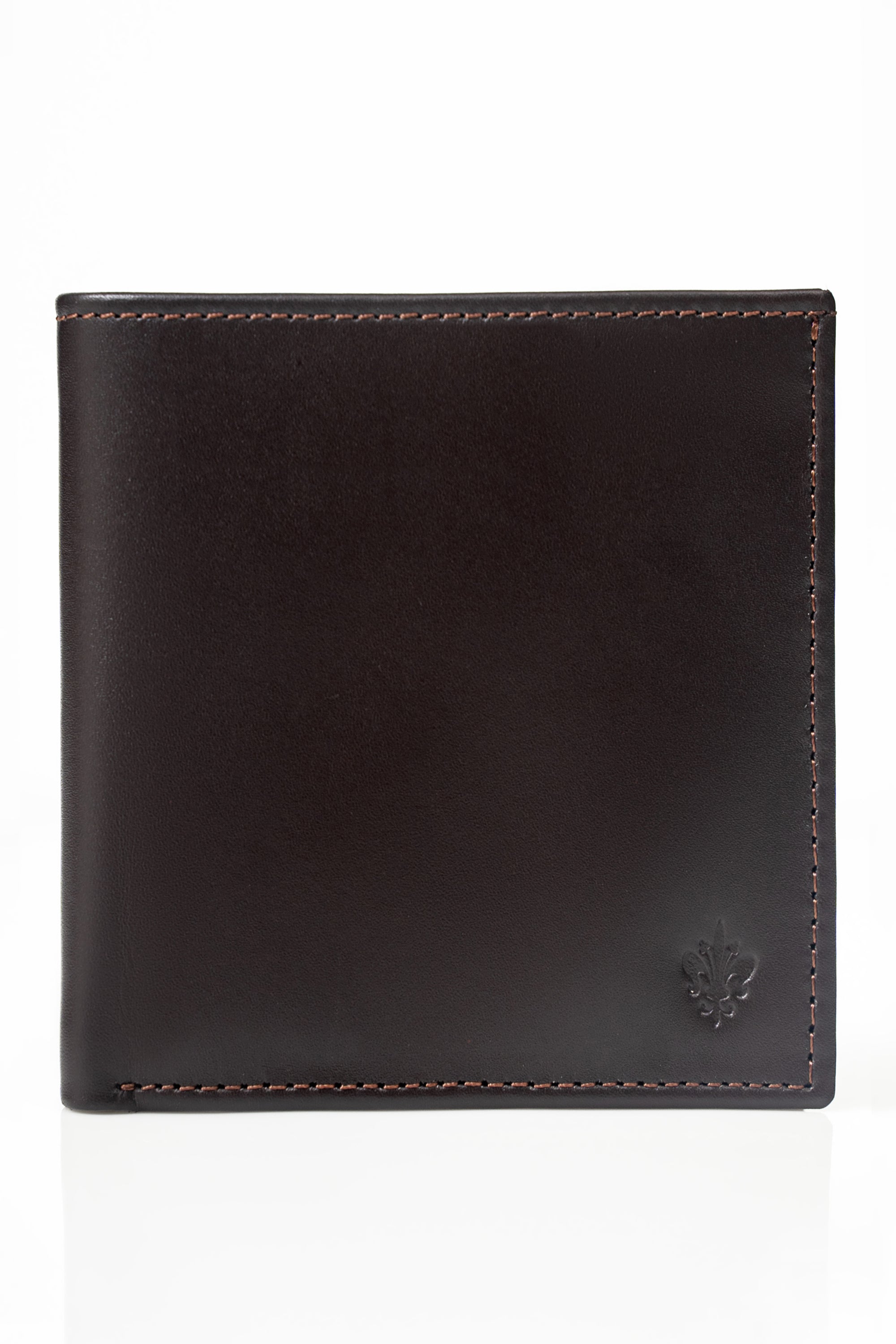 Brown leather bifold wallet with stitched edges and small embossed logo