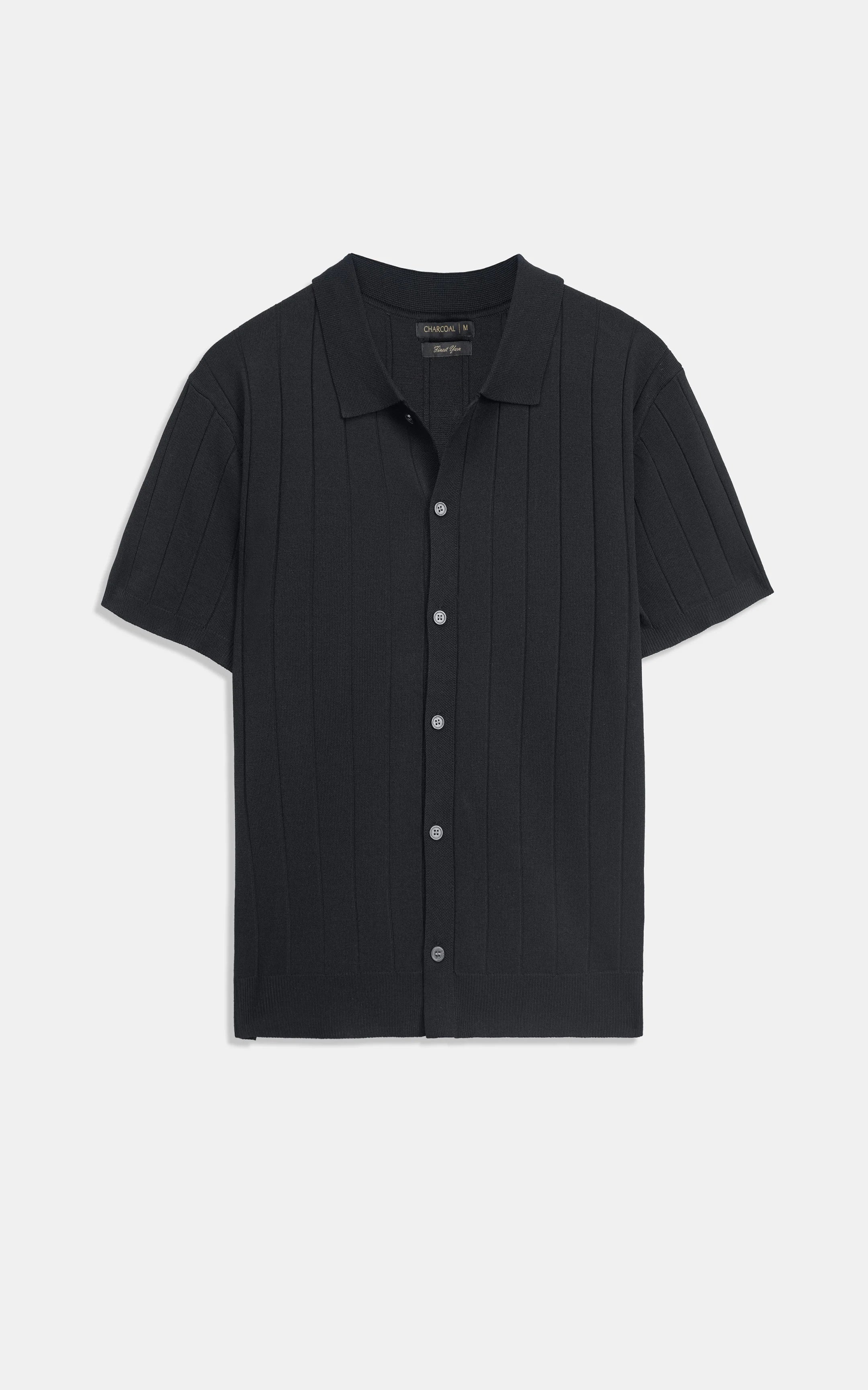 HALF SLEEVE CABLE KNIT CASUAL SHIRT BLACK