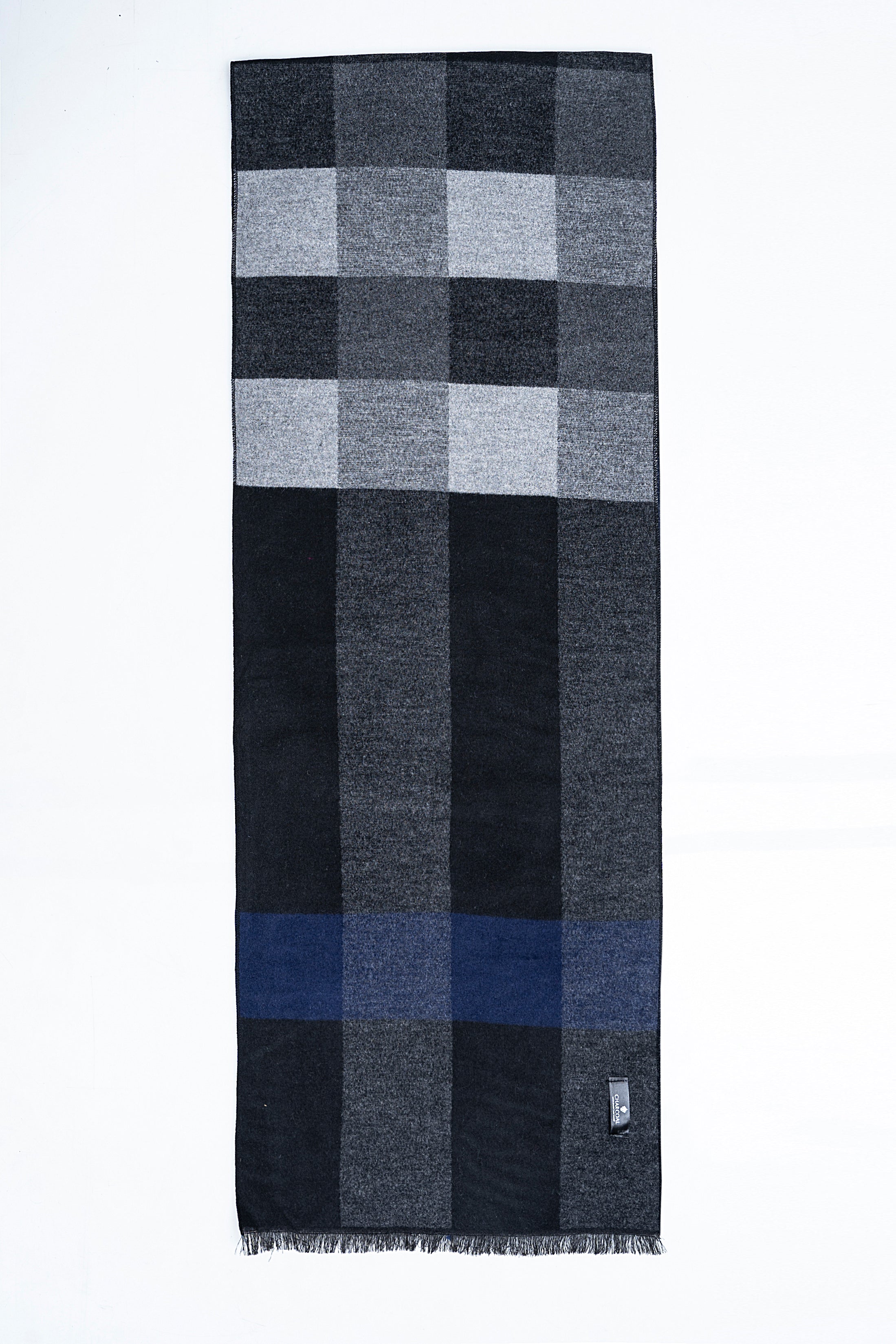 Dark blue and gray check scarf with fringed ends