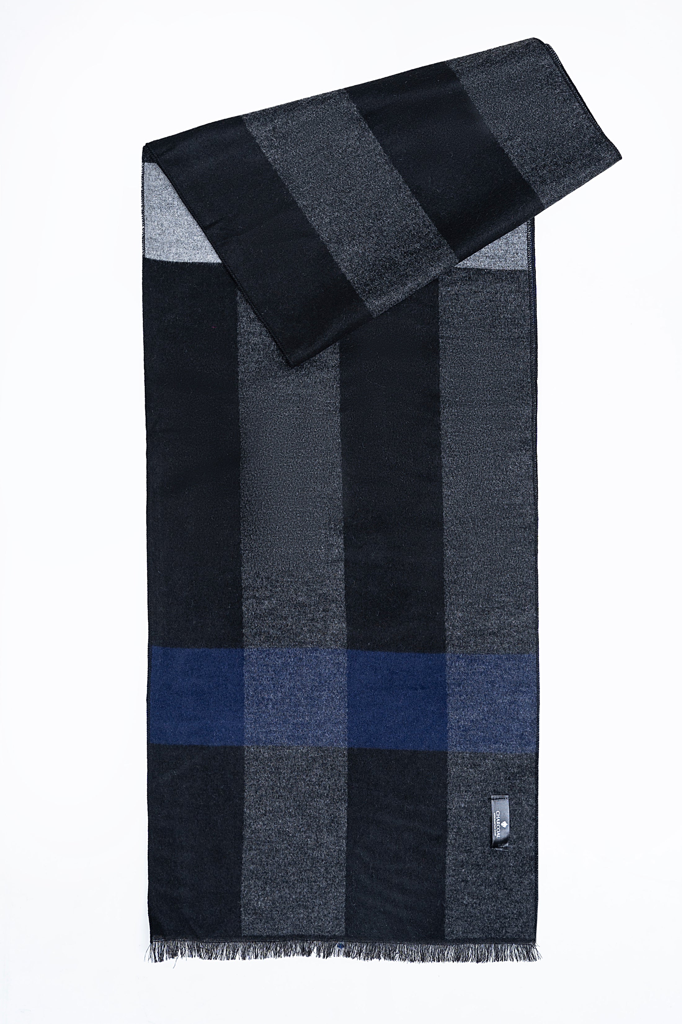 Folded dark check scarf with fringed hem and small brand tag