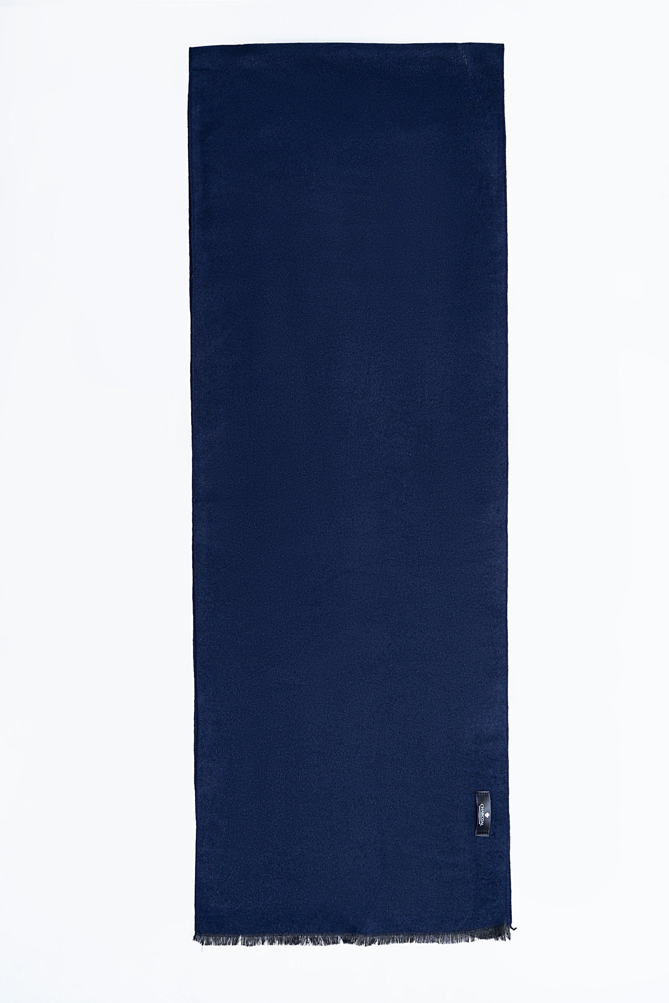Dark blue scarf with fine fringe edge and small metal brand tab