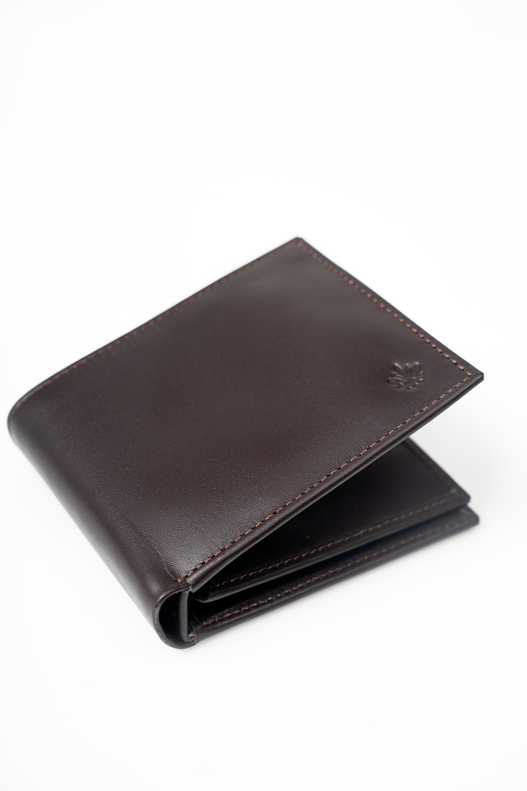 Brown leather bifold wallet with folded edge and embossed emblem