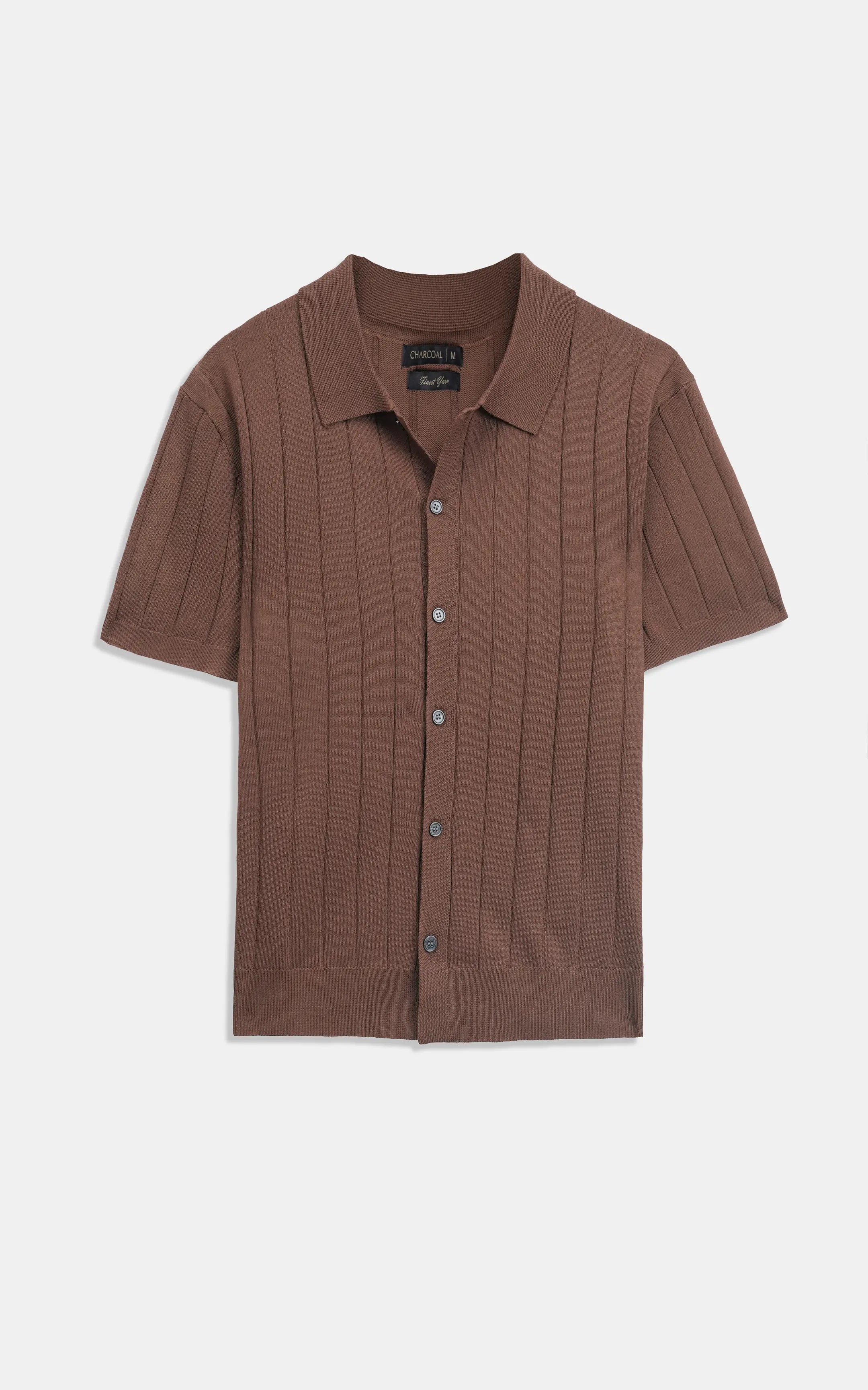 HALF SLEEVE CABLE KNIT CASUAL SHIRT BROWN