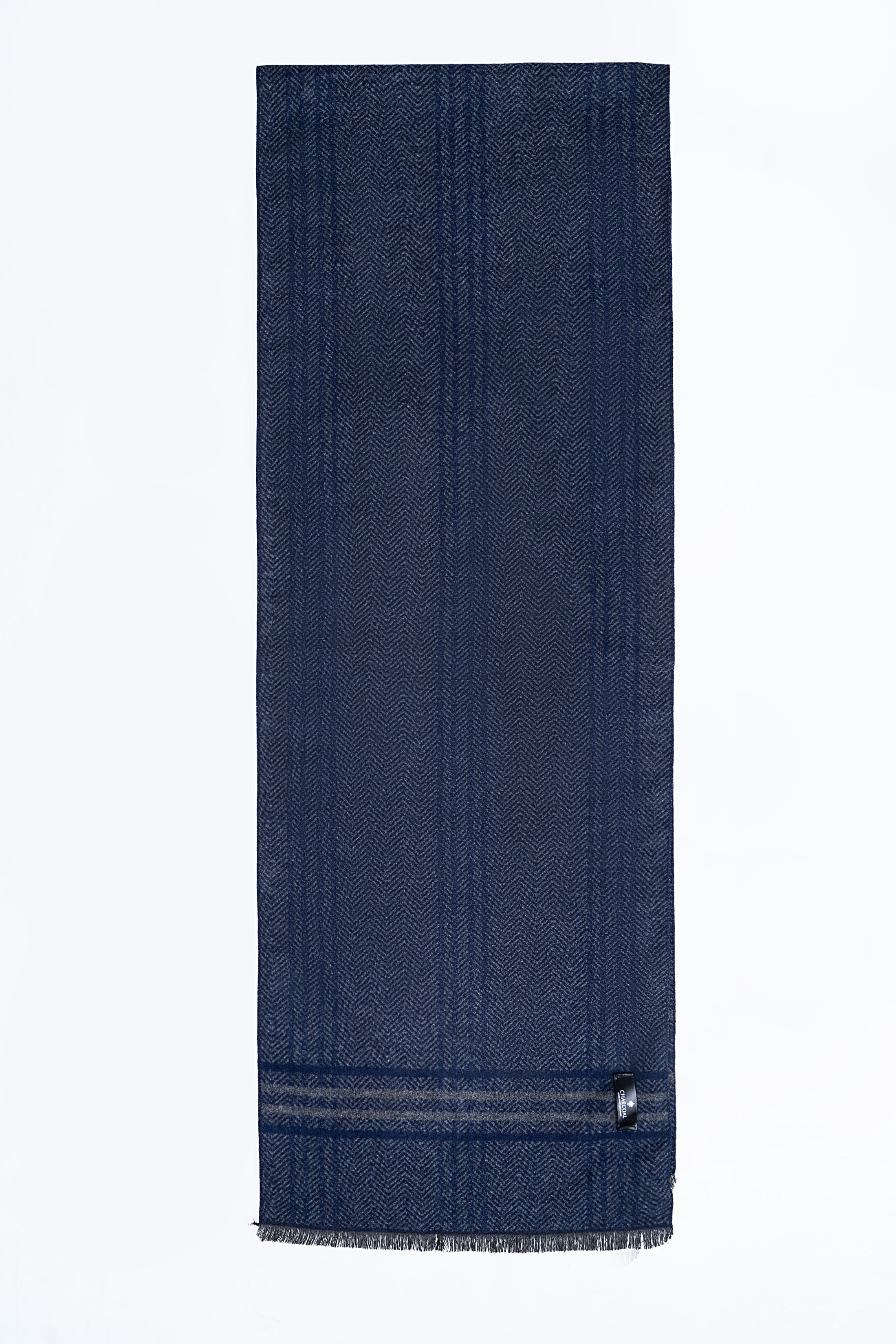 Navy denim-style scarf with dark hem band and metal button on corner