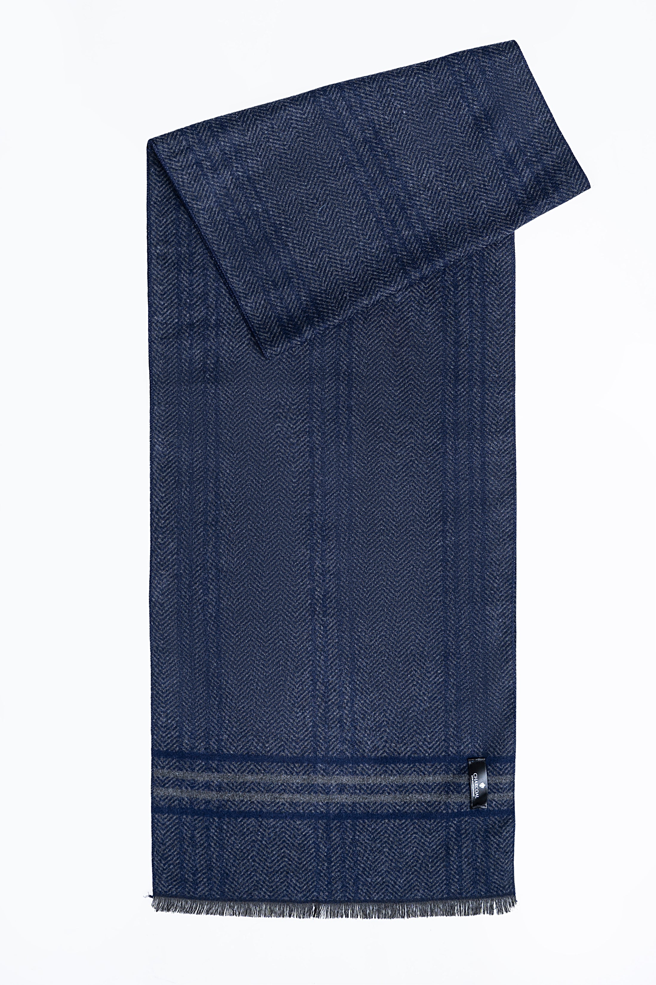Folded navy scarf with dark hem band and metal button at end