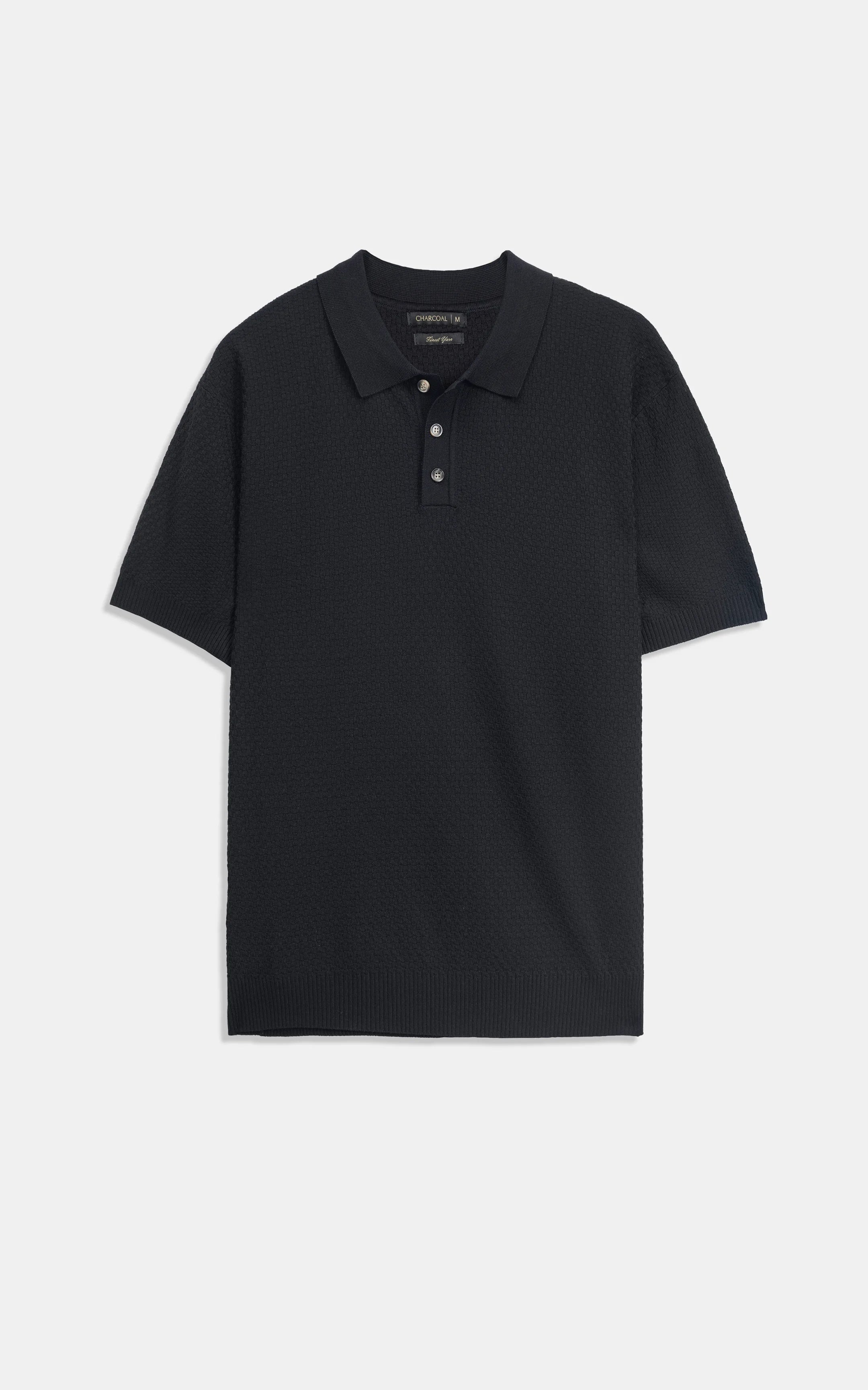 SWEATER KNIT SELF TEXTURED POLO BLACK