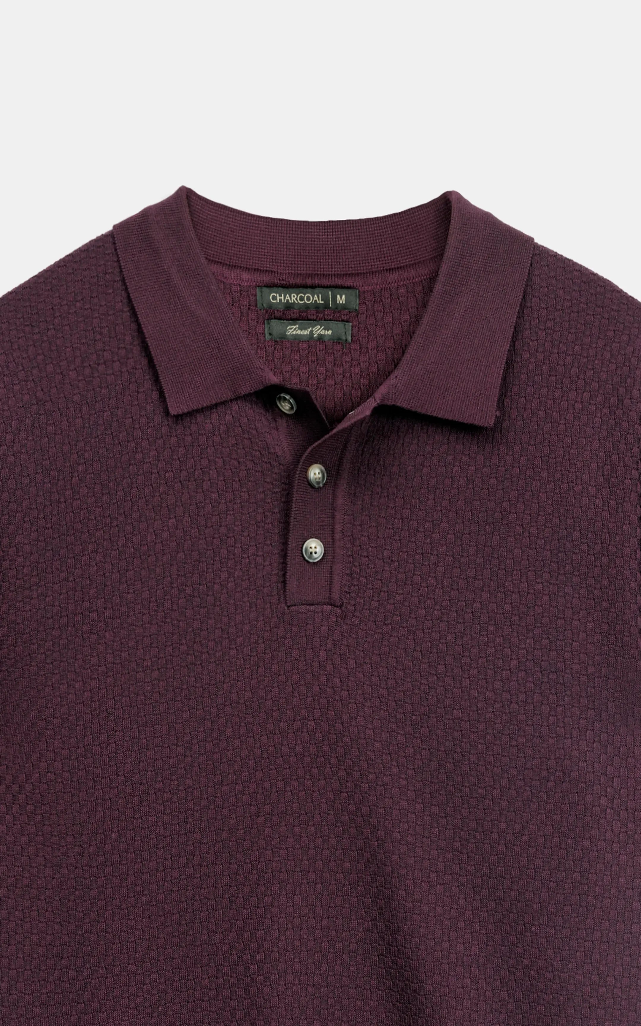 SWEATER KNIT SELF TEXTURED POLO BURGUNDY