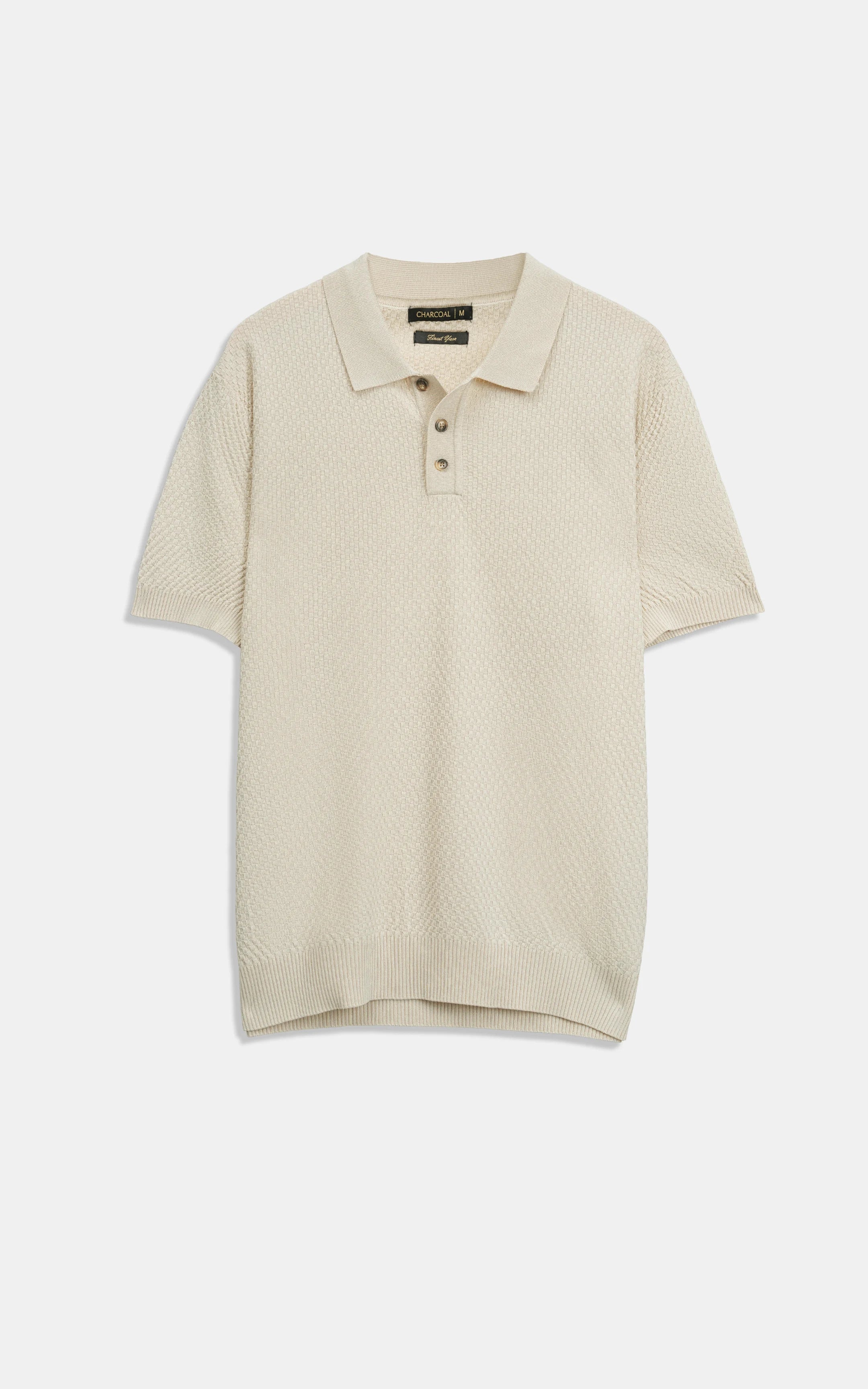 SWEATER KNIT SELF TEXTURED POLO WHITE