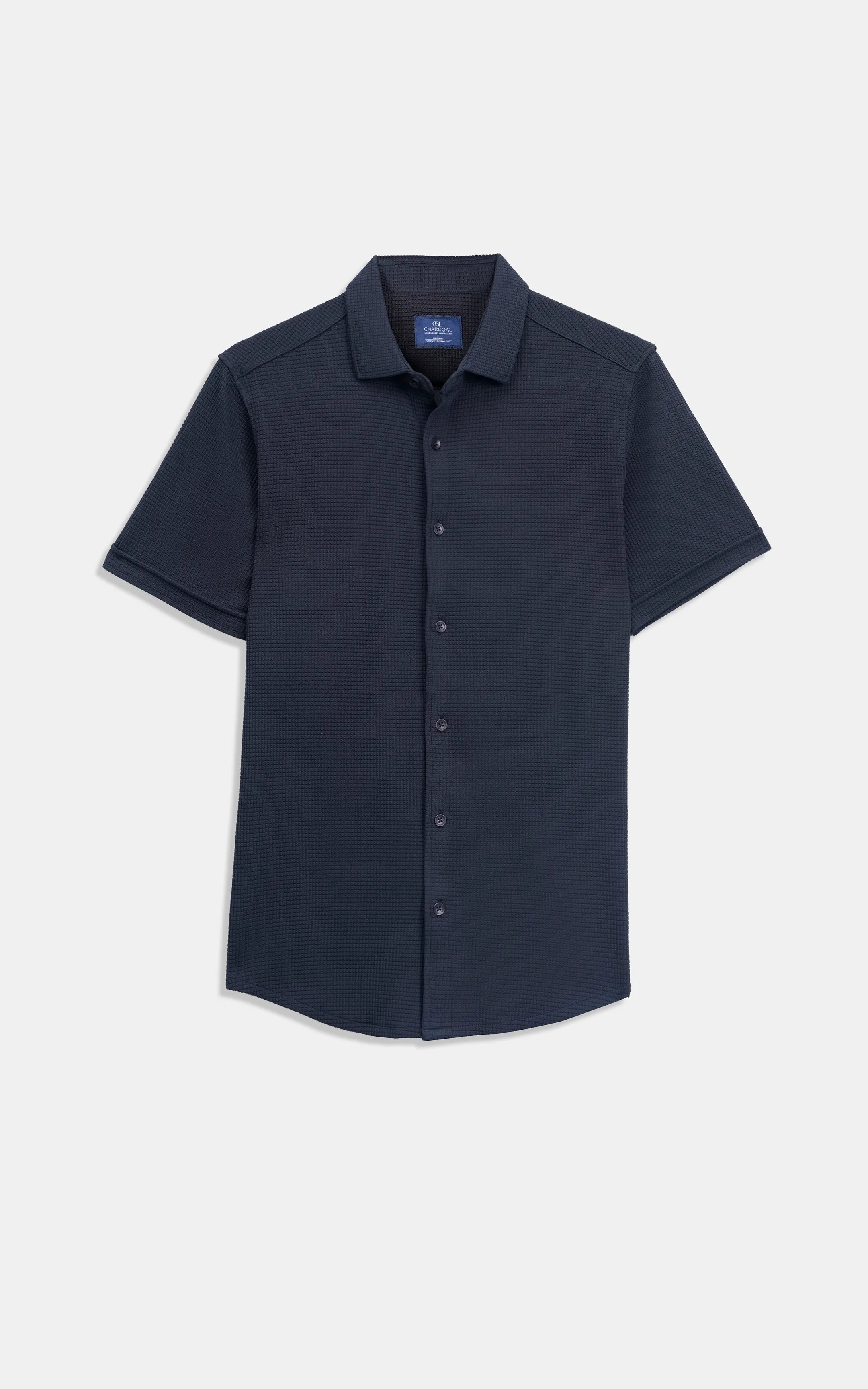 Navy self-textured casual shirt, front view with button placket and short sleeves