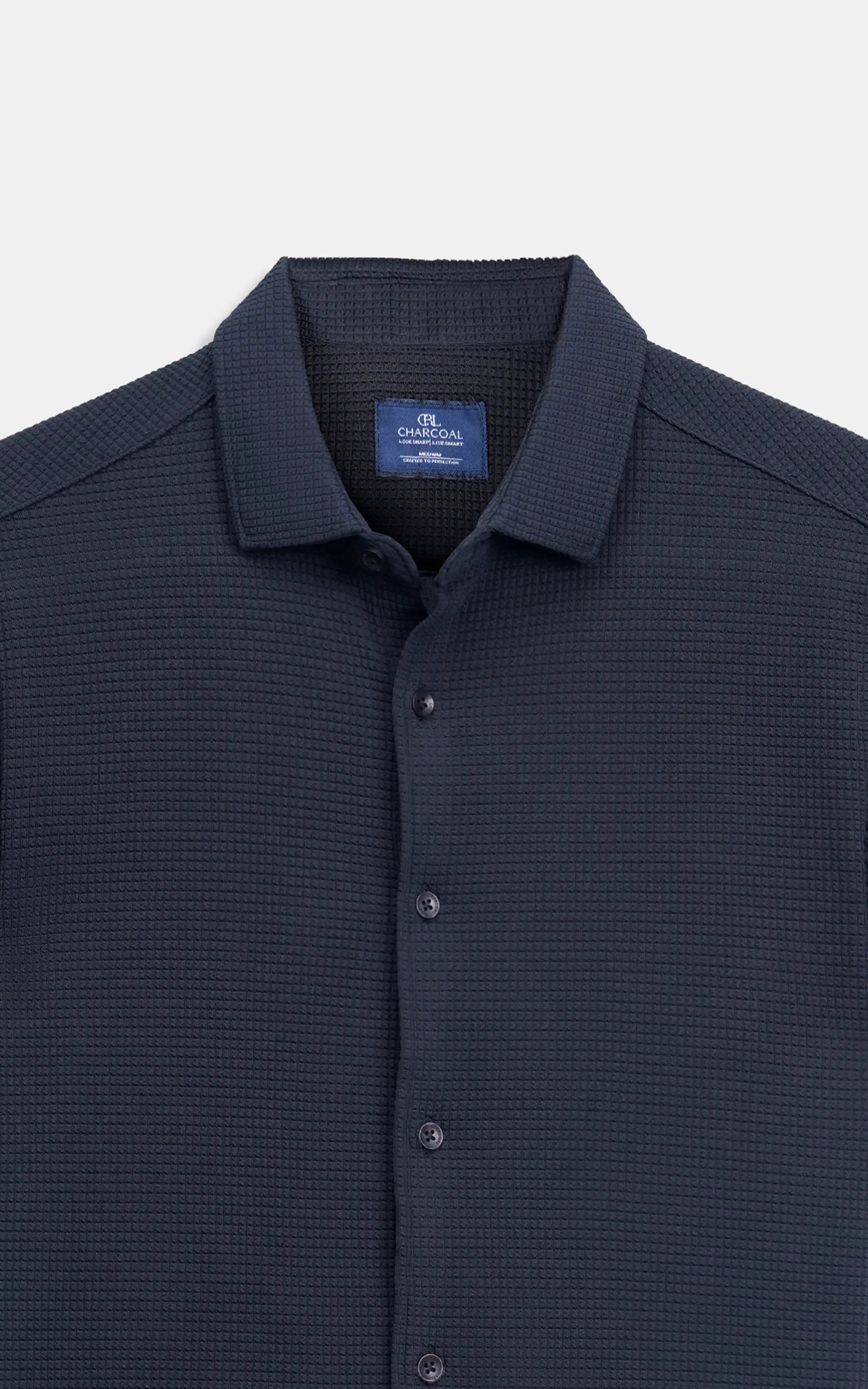 Navy self-textured casual shirt collar with button placket and interior brand label