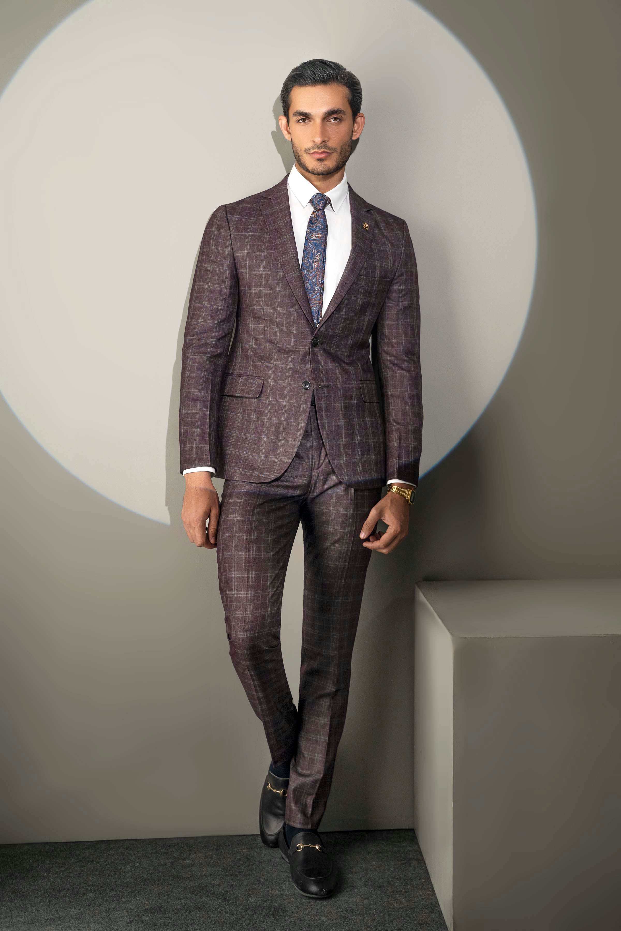 Men's 2-piece suit dark maroon plaid, full-length standing view