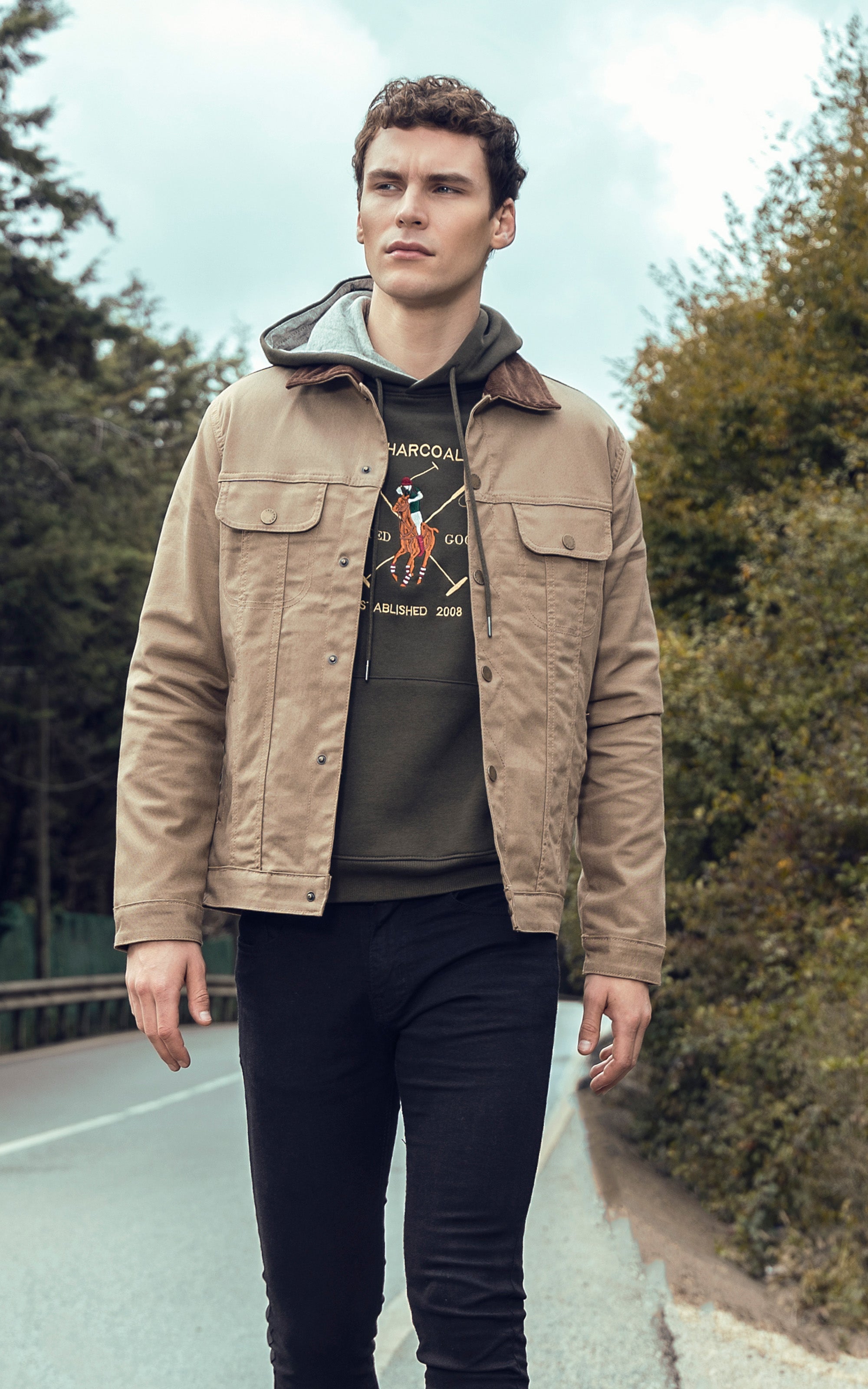 Textured button-up collar jacket in khaki with button front and flap chest pockets