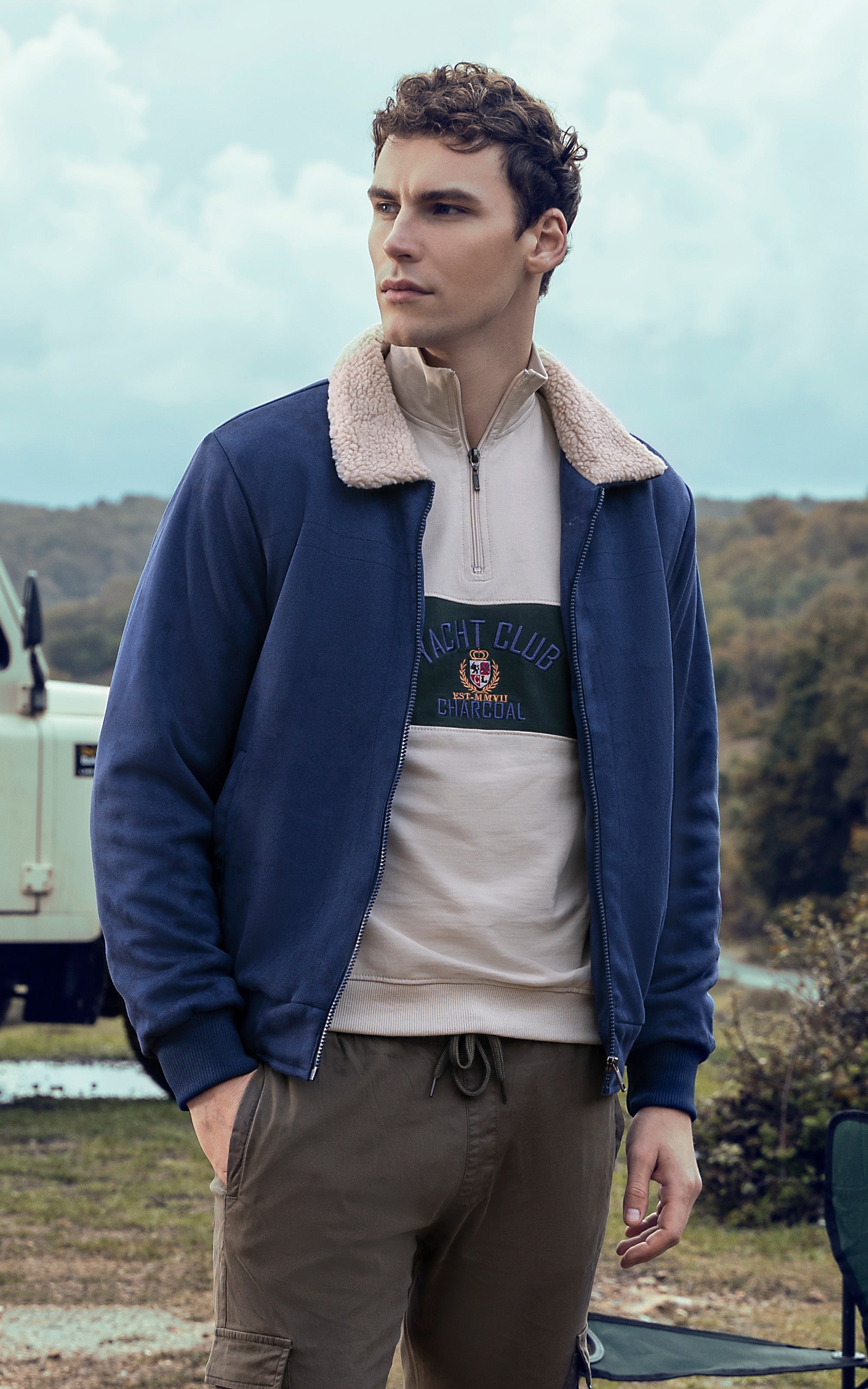 Blue suede fur-collar zip jacket with beige sherpa collar detail