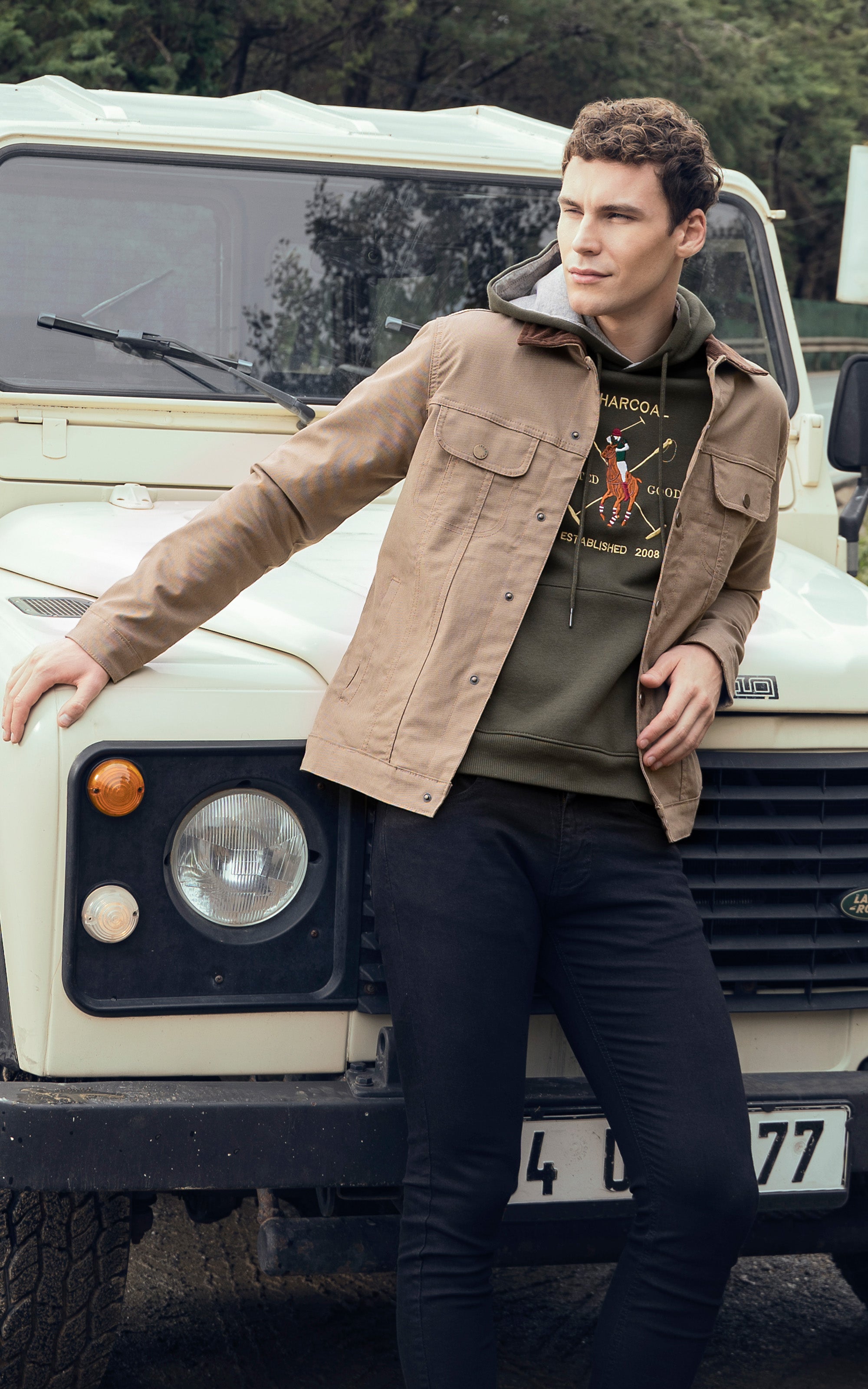 Textured button-up collar jacket, khaki, with button front and flap chest pockets