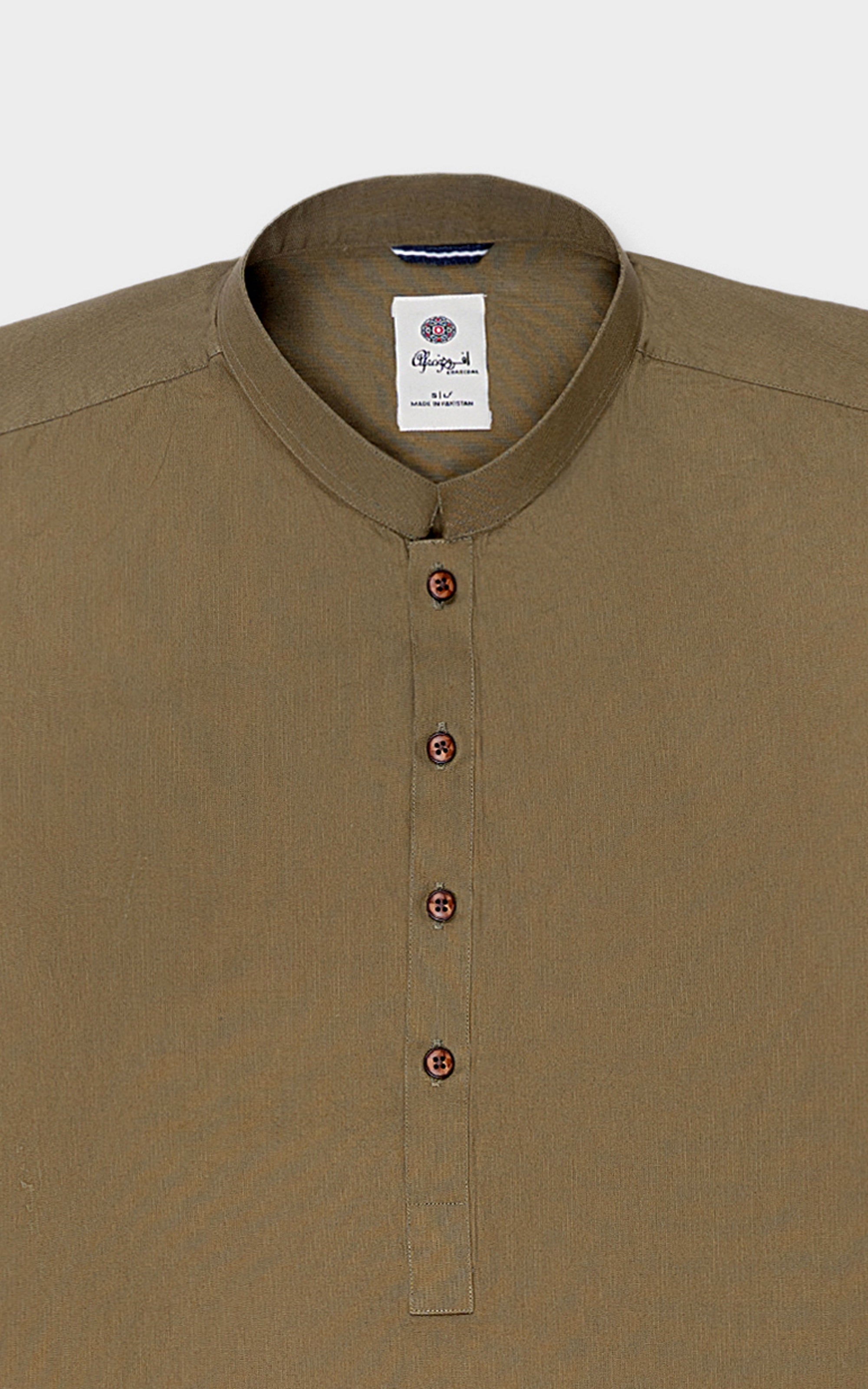 Olive kurta with mandarin collar and centered button placket detail