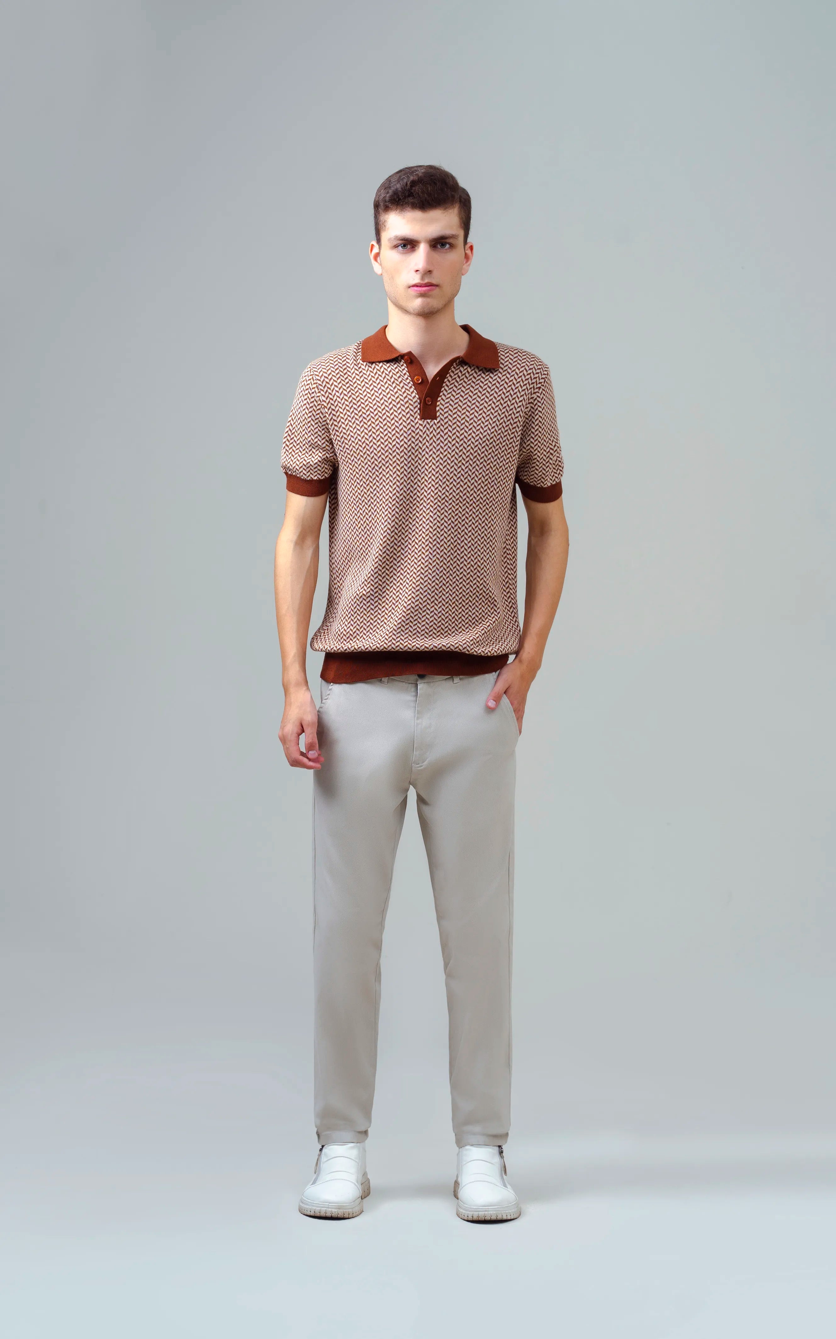 KNITTED JACQUARD  POLO BROWN