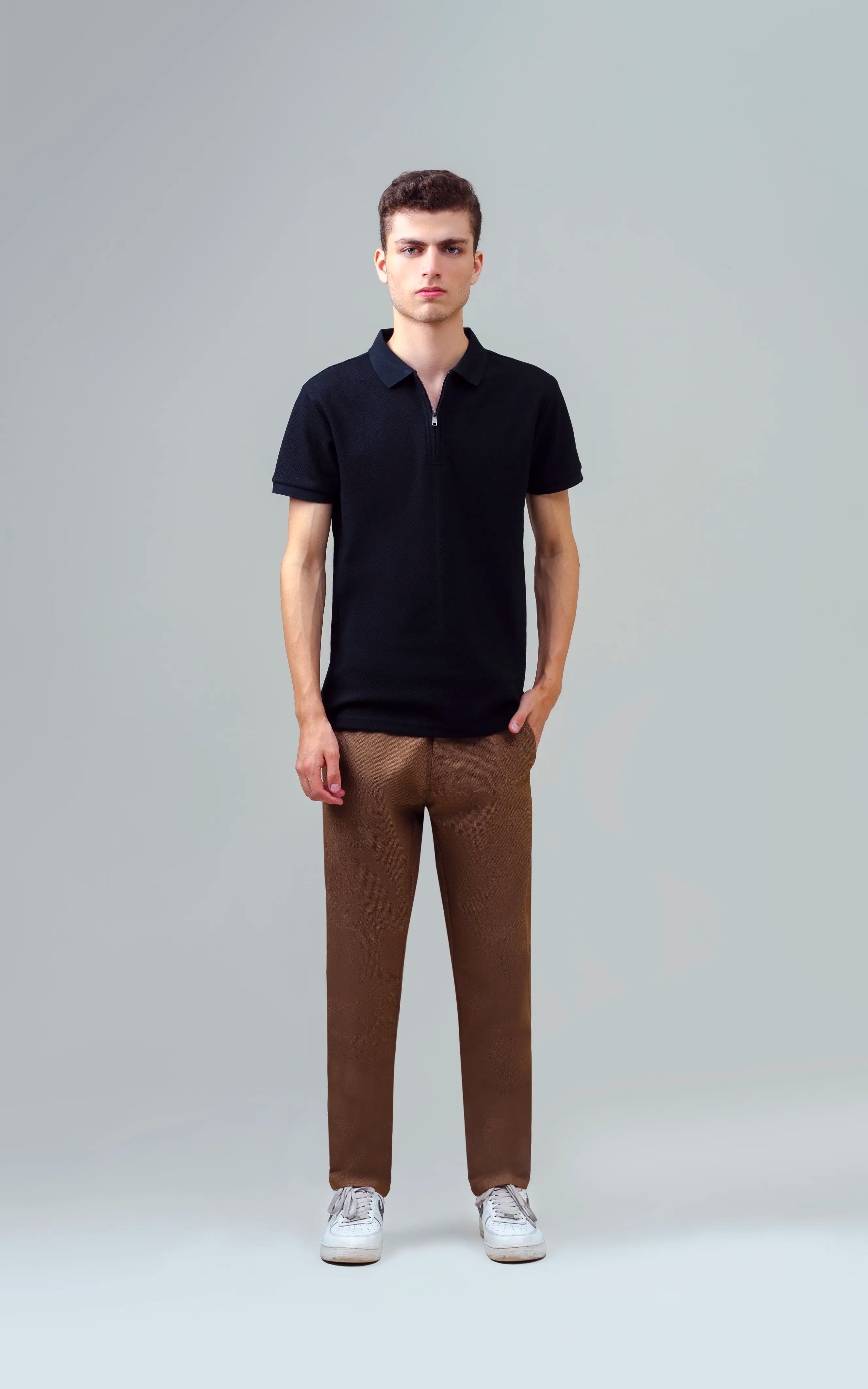 TEXTURED ZIPPER POLO BLACK