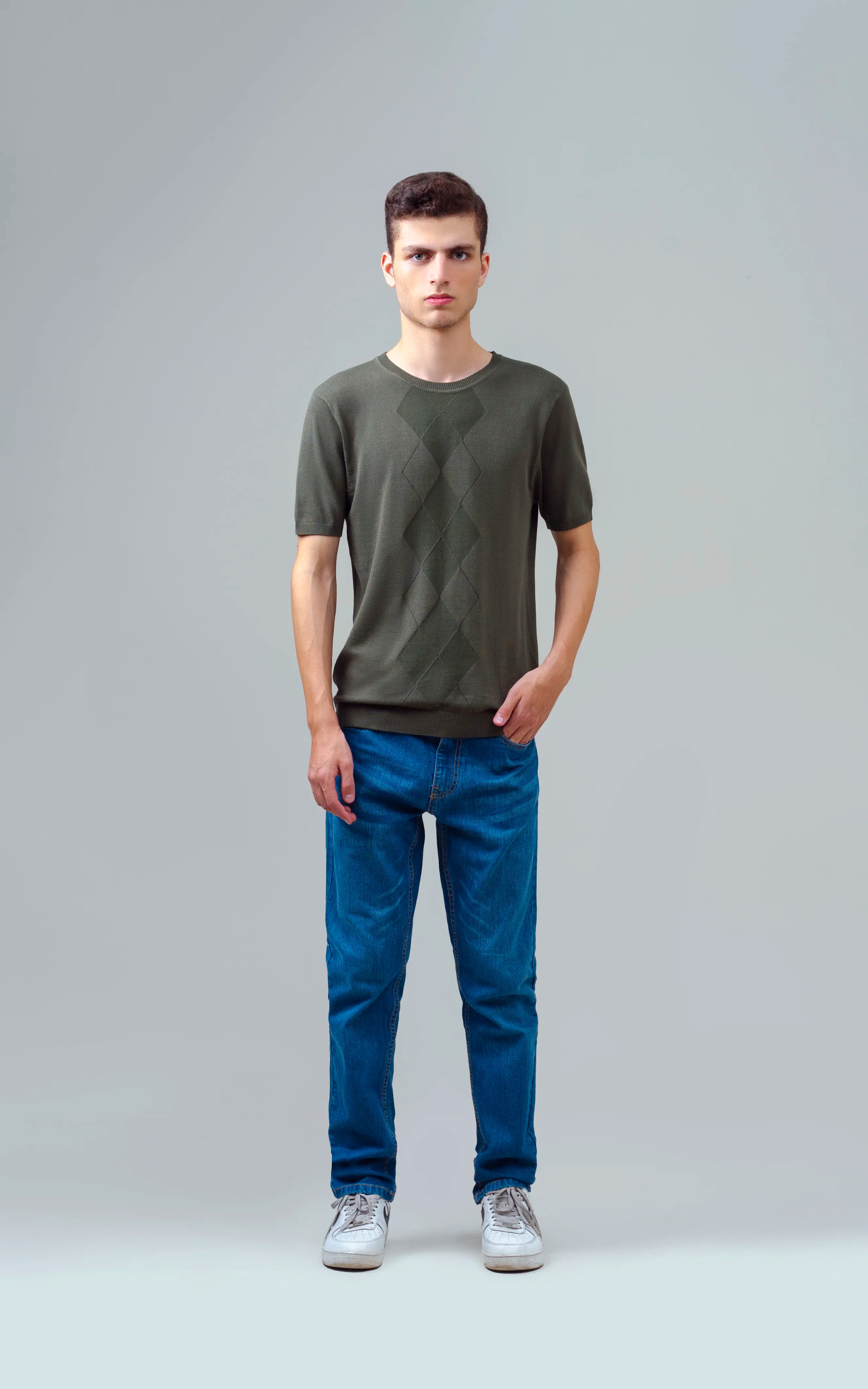 KNITTED CREW NECK T SHIRT OLIVE