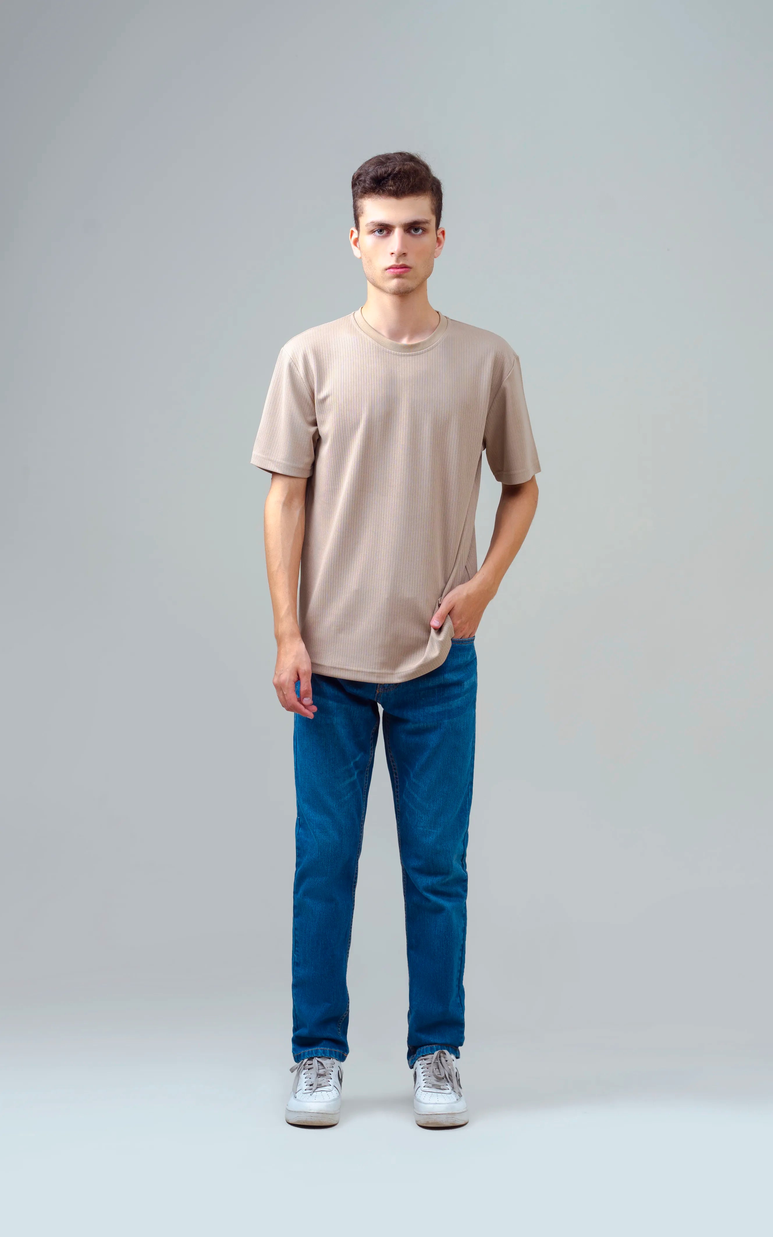 SELF STRIPED CREW NECK T SHIRT KHAKI