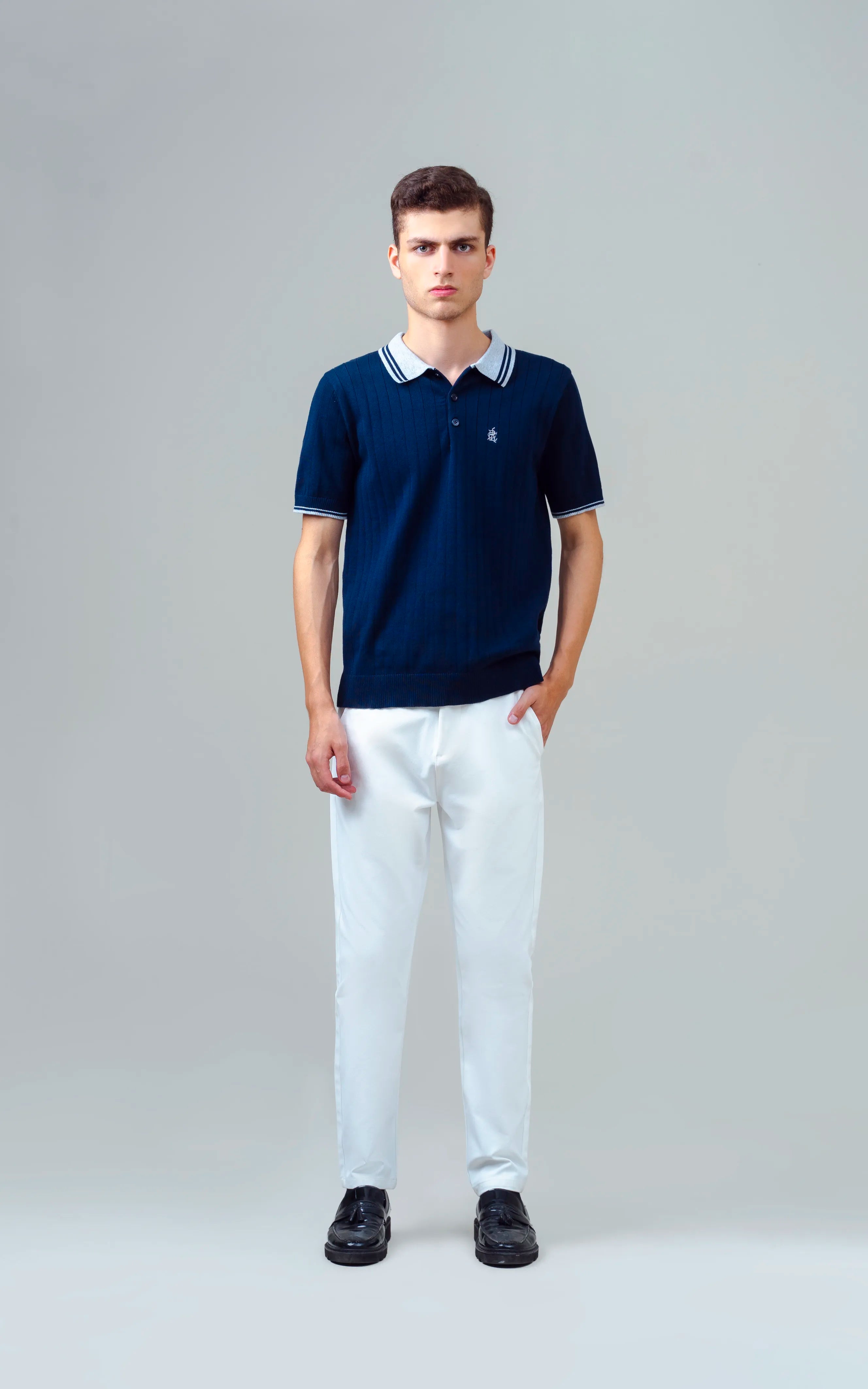 KNITTED TIPPING COLLAR POLO NAVY