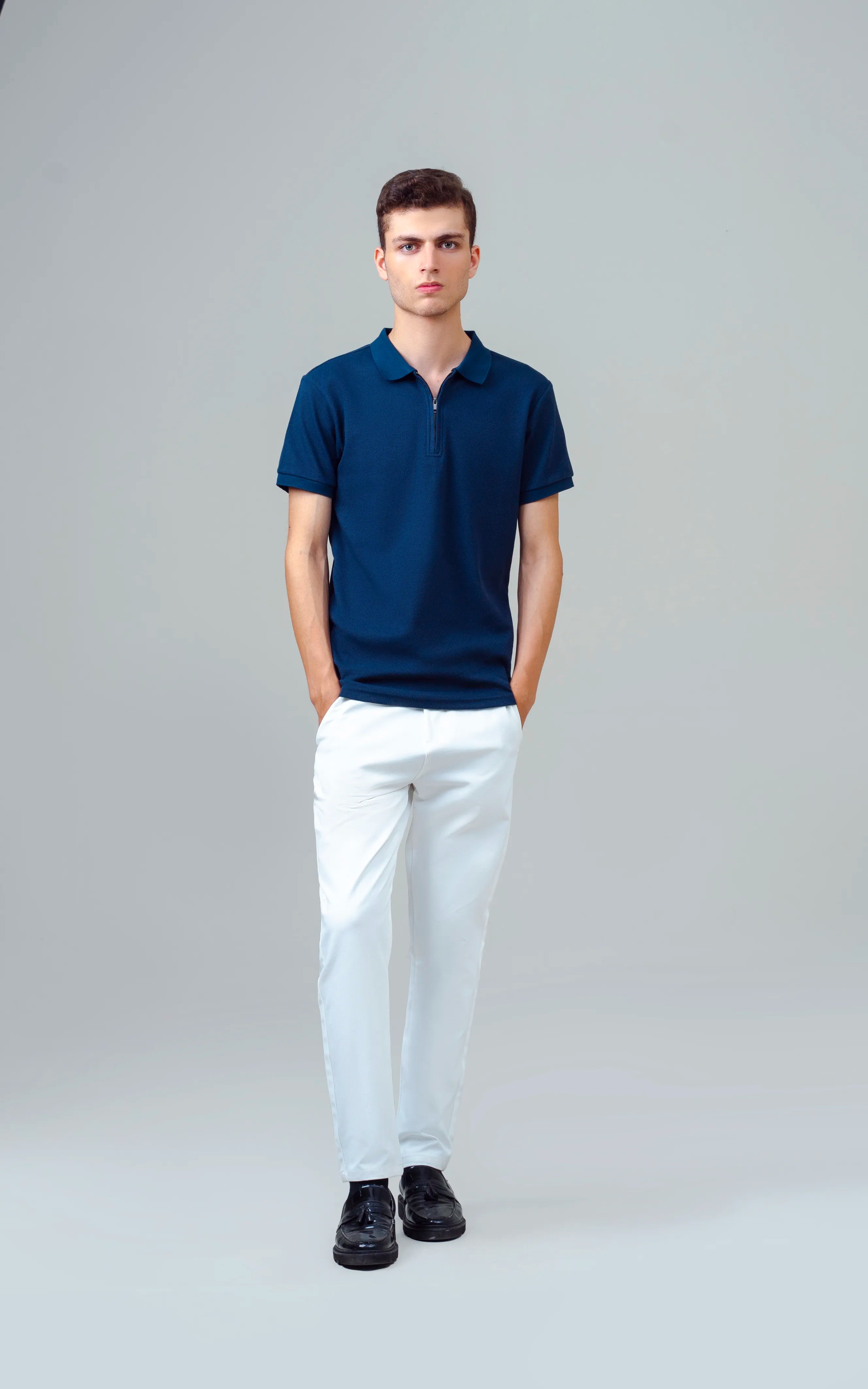 TEXTURED ZIPPER POLO NAVY