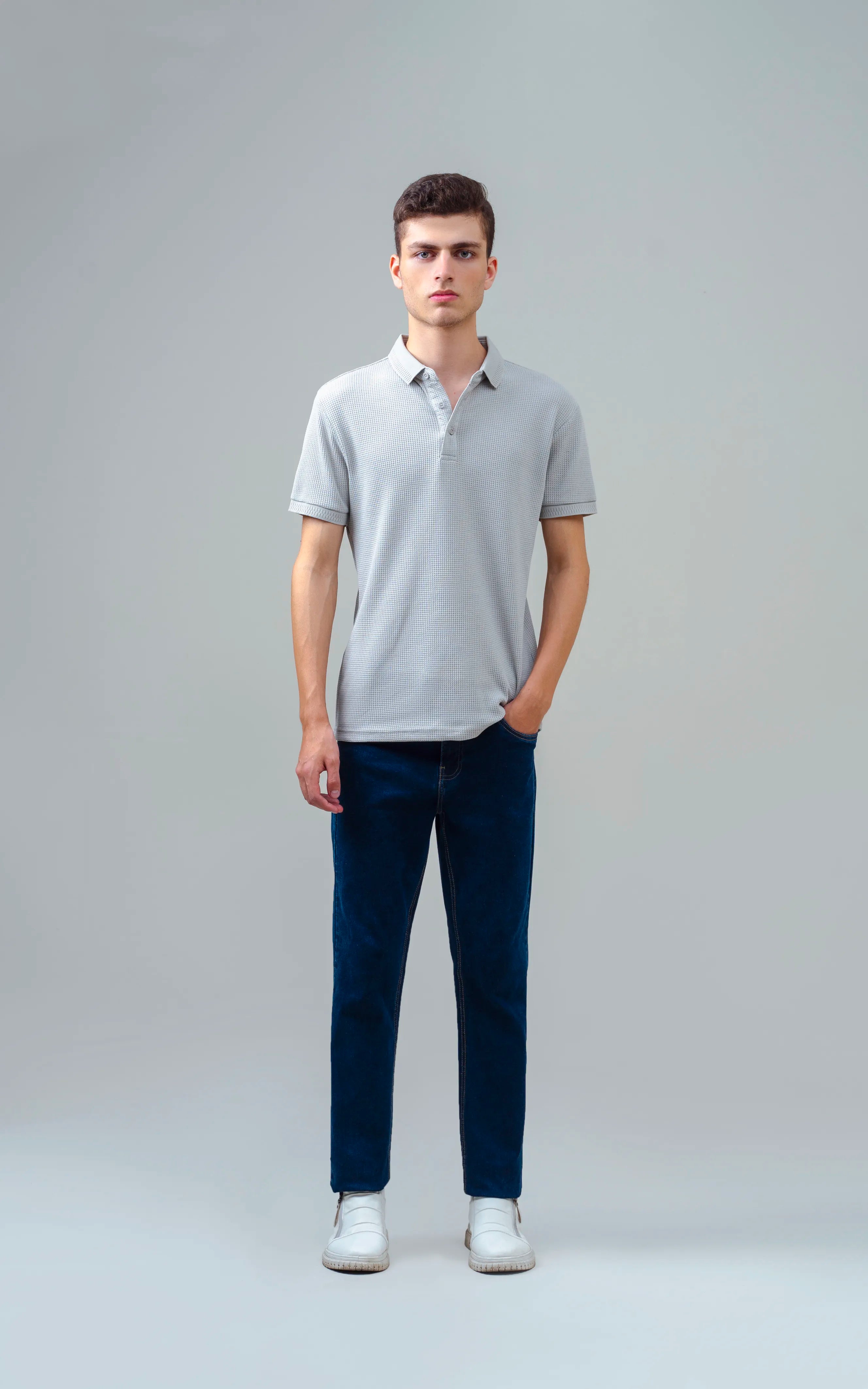 SELF JACQUARD POLO LIGHT GREY