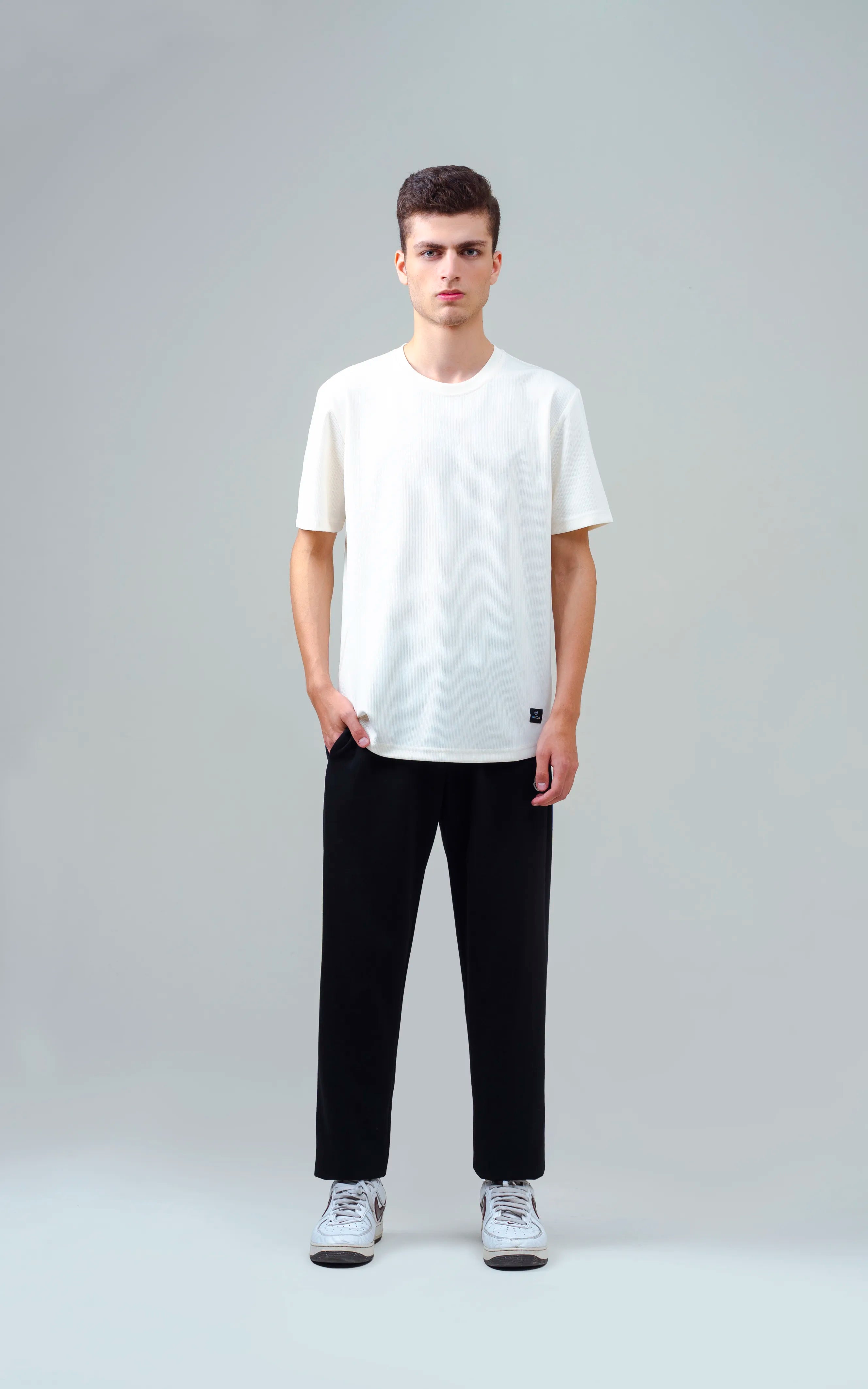SELF STRIPED CREW NECK T SHIRT OFF WHITE