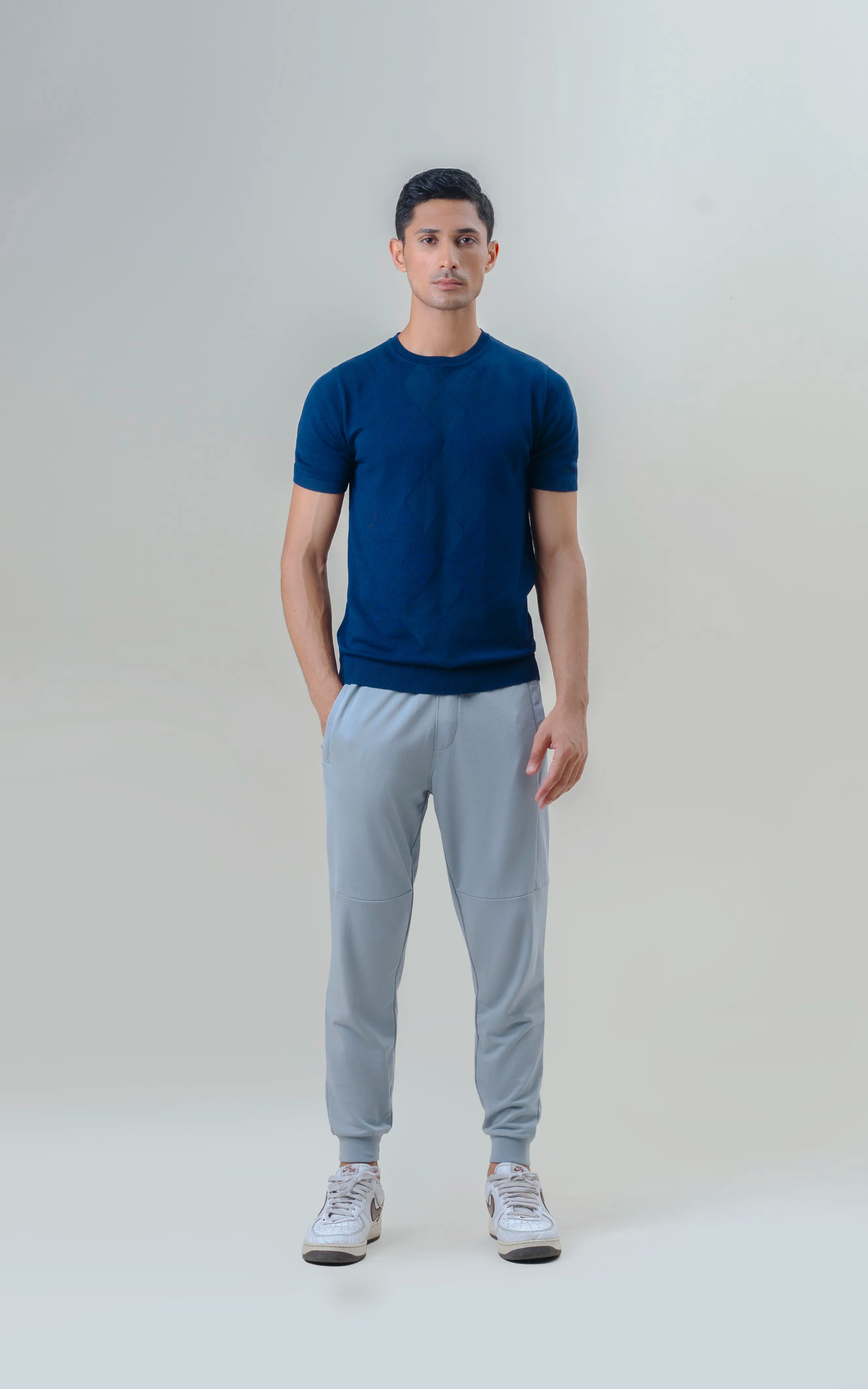 KNITTED CREW NECK T SHIRT DARK BLUE